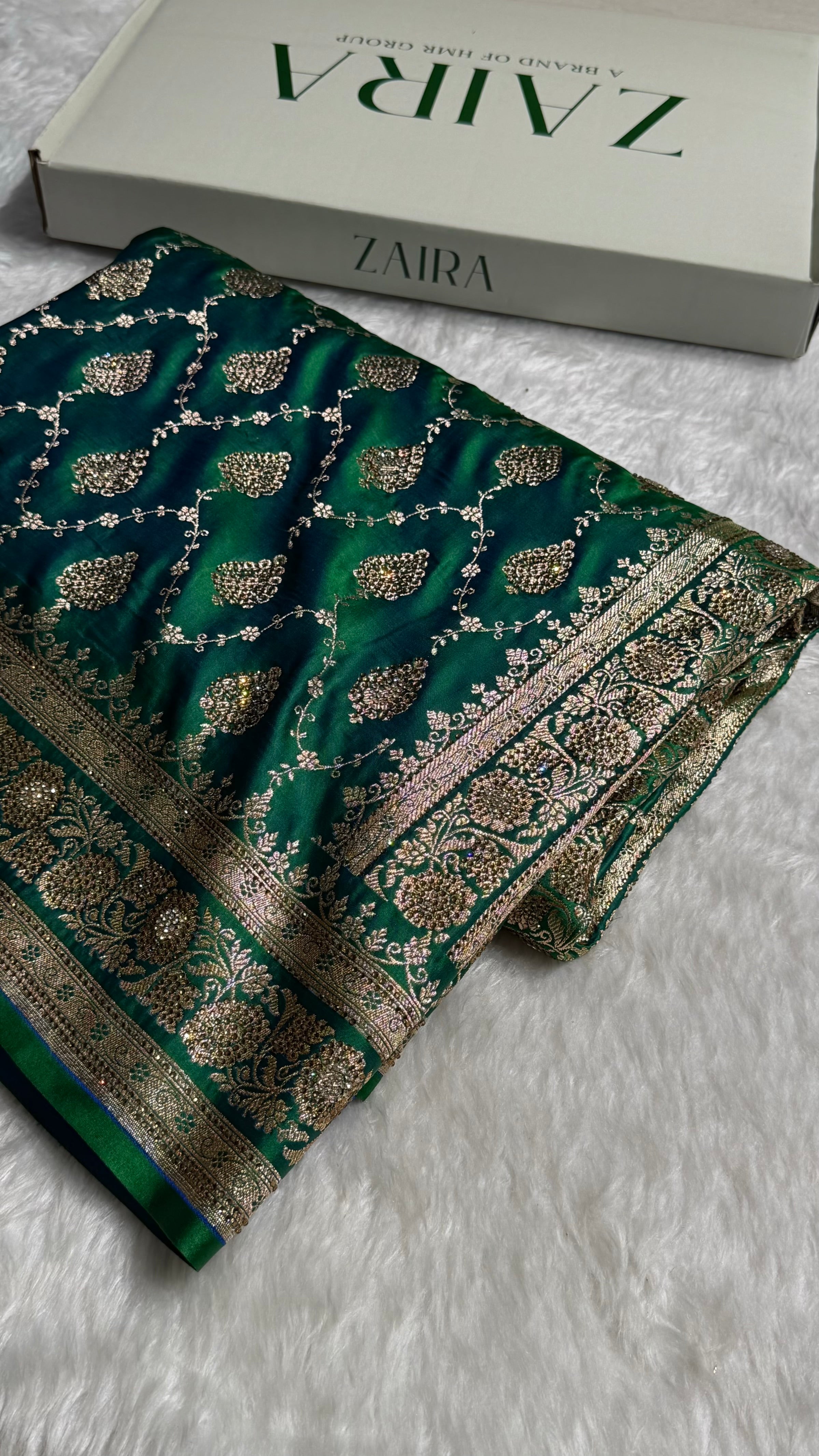 Cross Green Floral Jaal Pattern Satin Katan Silk saree BSK42