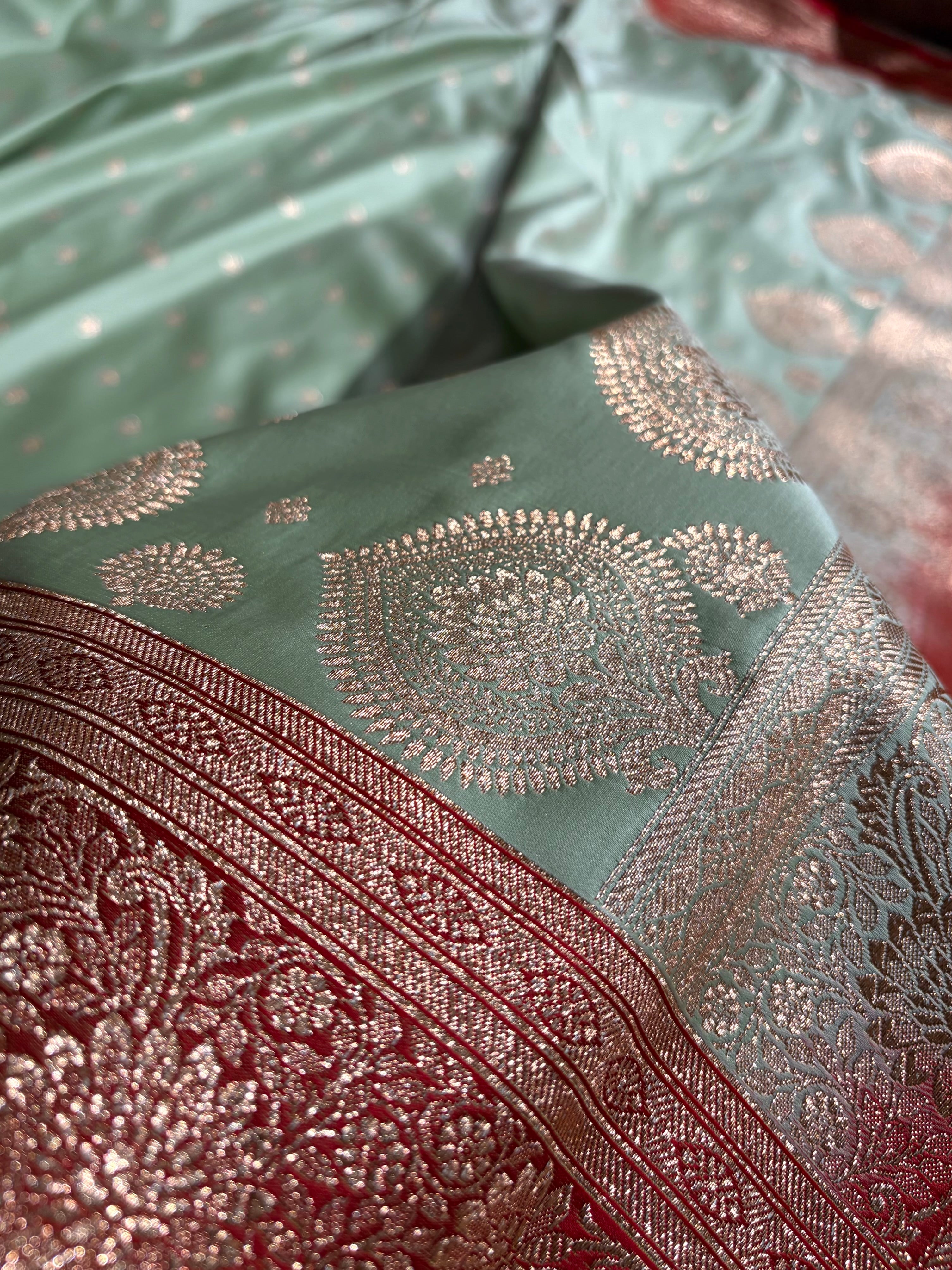 Pista with Red Booti Satin Katan Silk saree SK29
