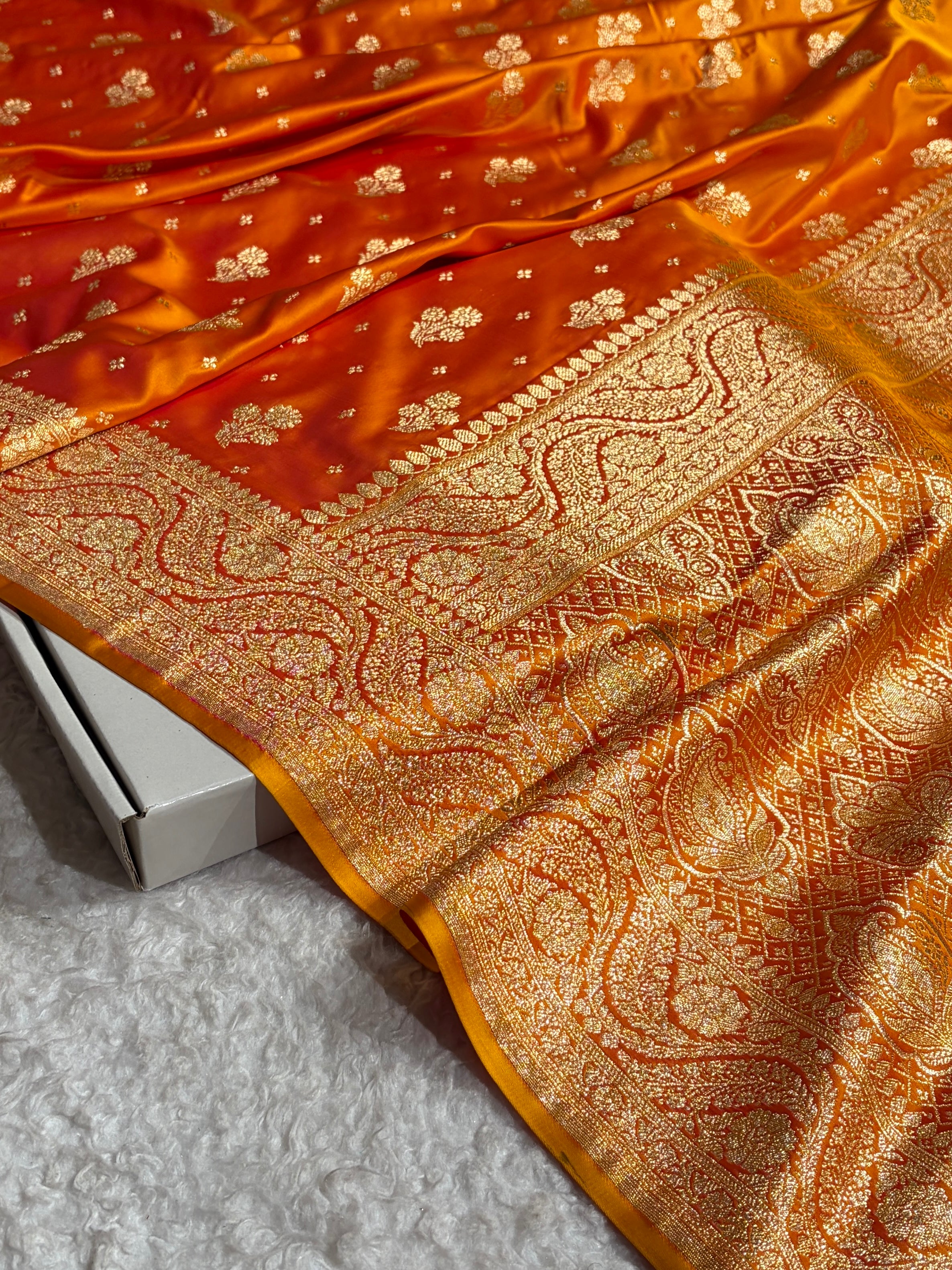 Fire Gold Floral Unique Boota Pattern Satin Katan Silk Saree SK73