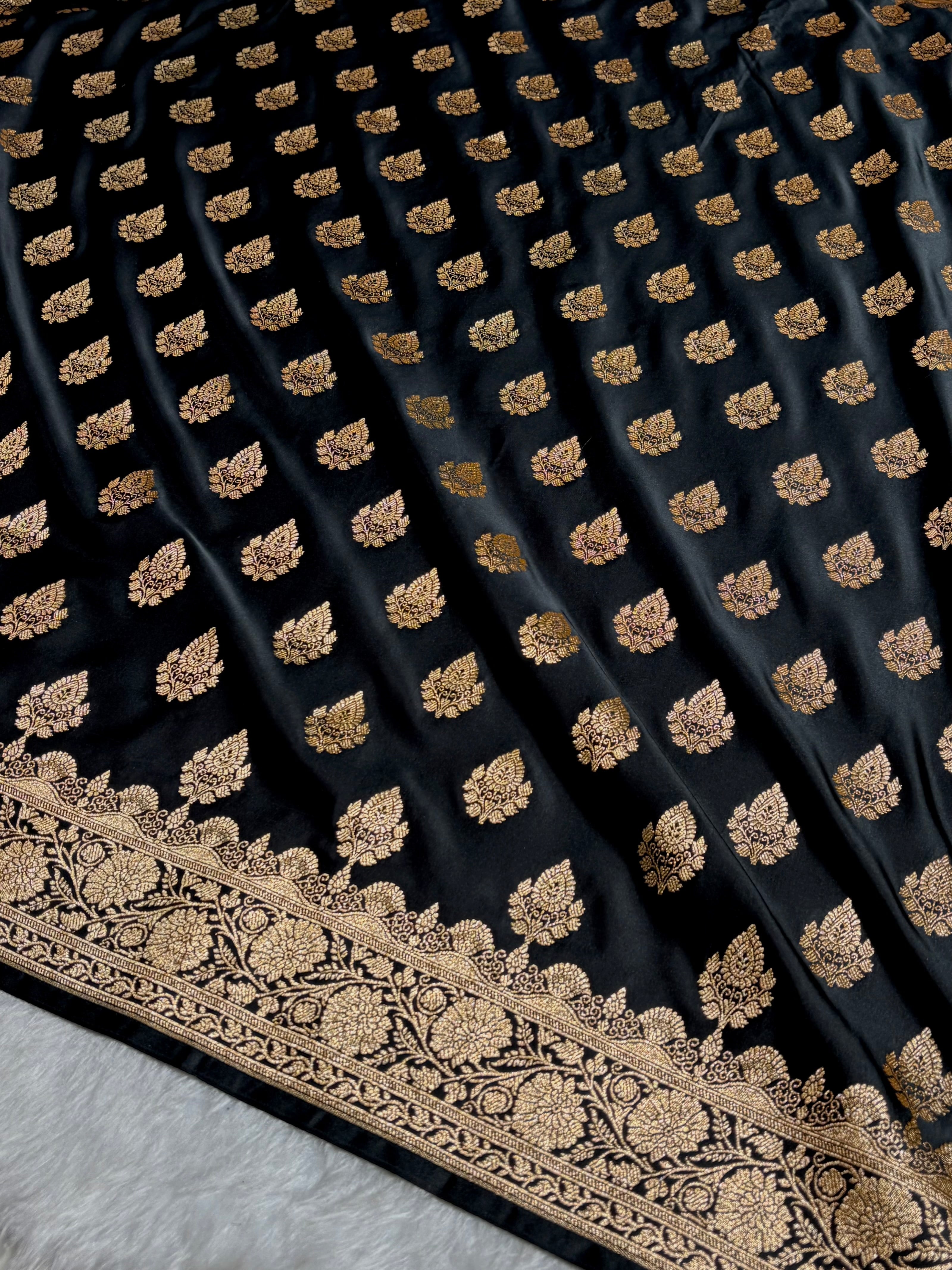 Black Floral Boota Pattern Satin Katan Silk saree SK45