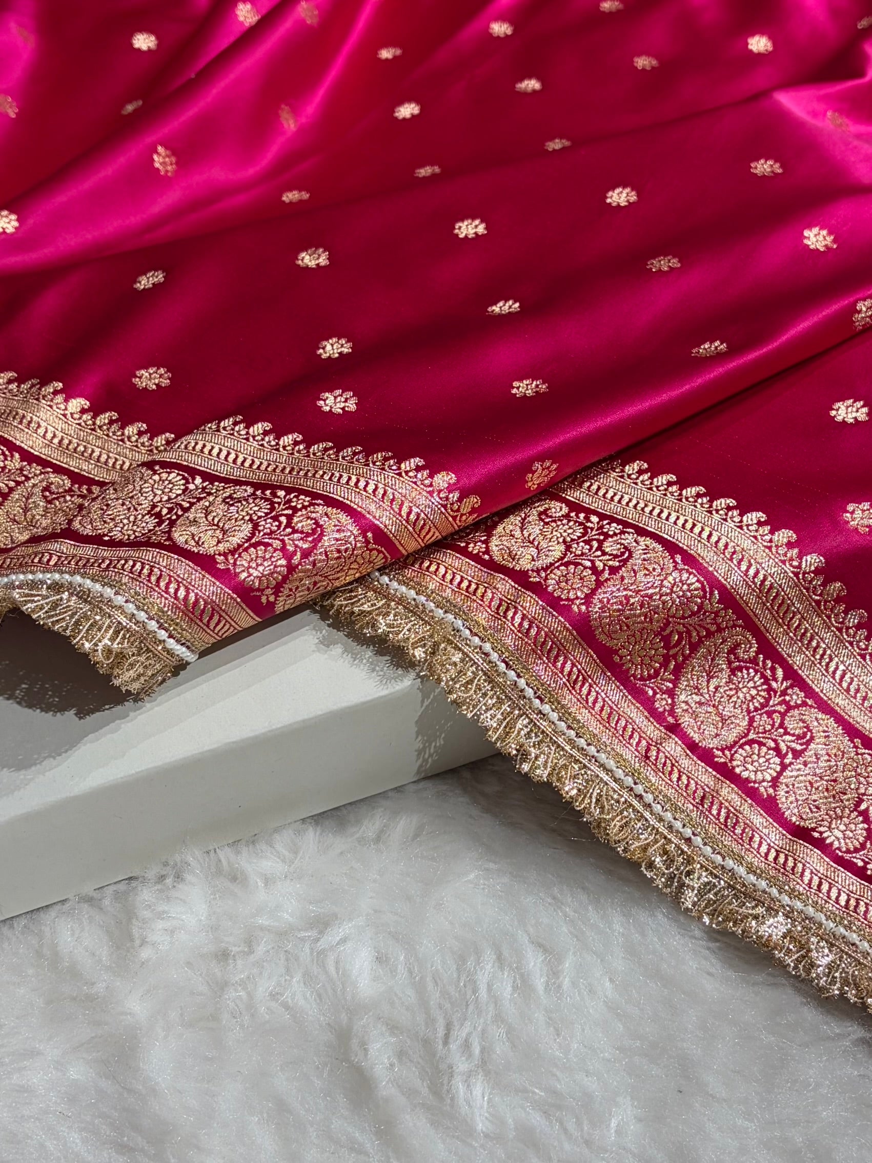 Banarasi Satin Katan Saree With Gotta Patti Boota Pattern in Cross Rani Shades SKGP127