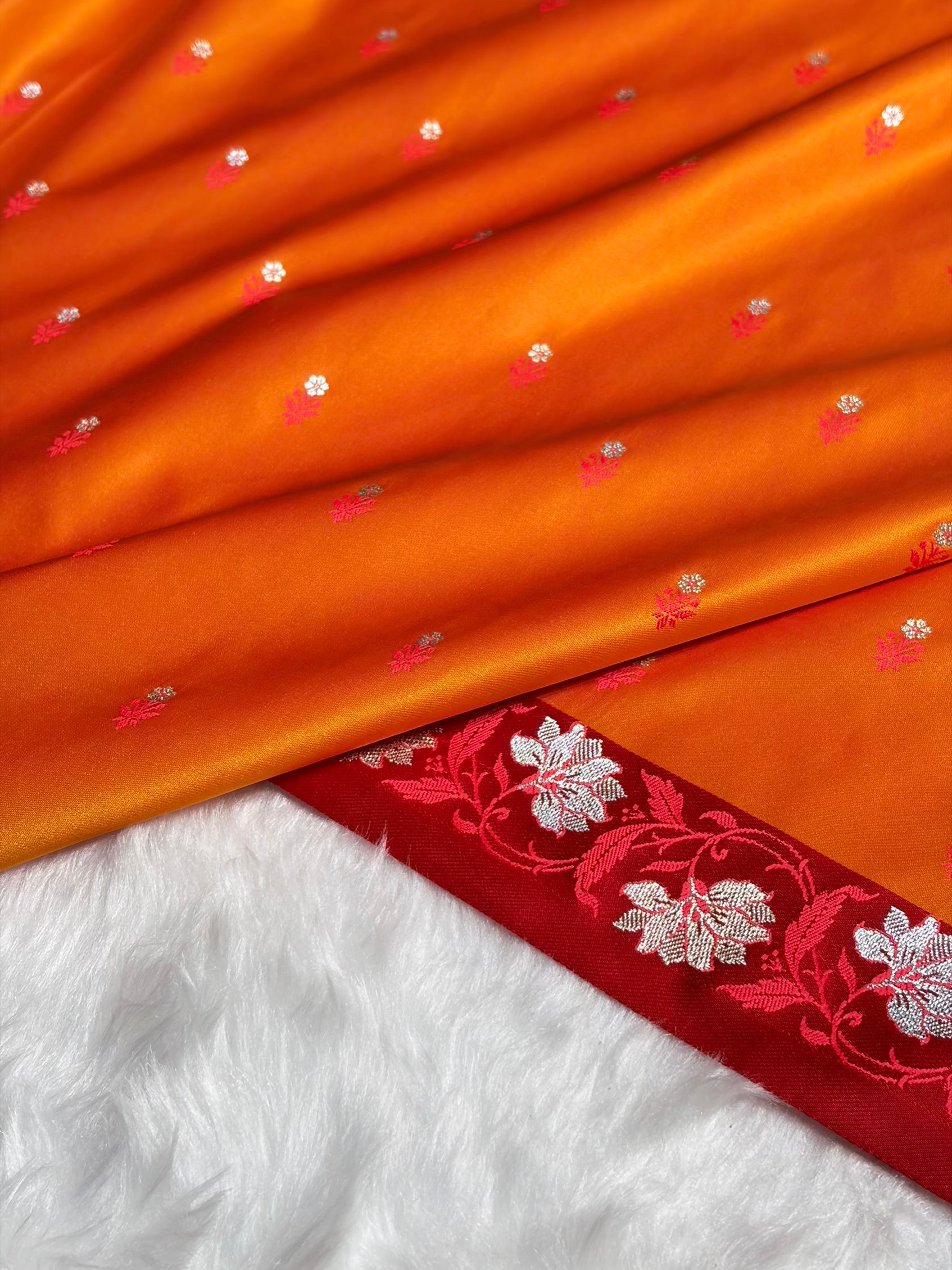 Orange With Red Floral Boota With Floral Border Mashru Silk Saree MSM 78