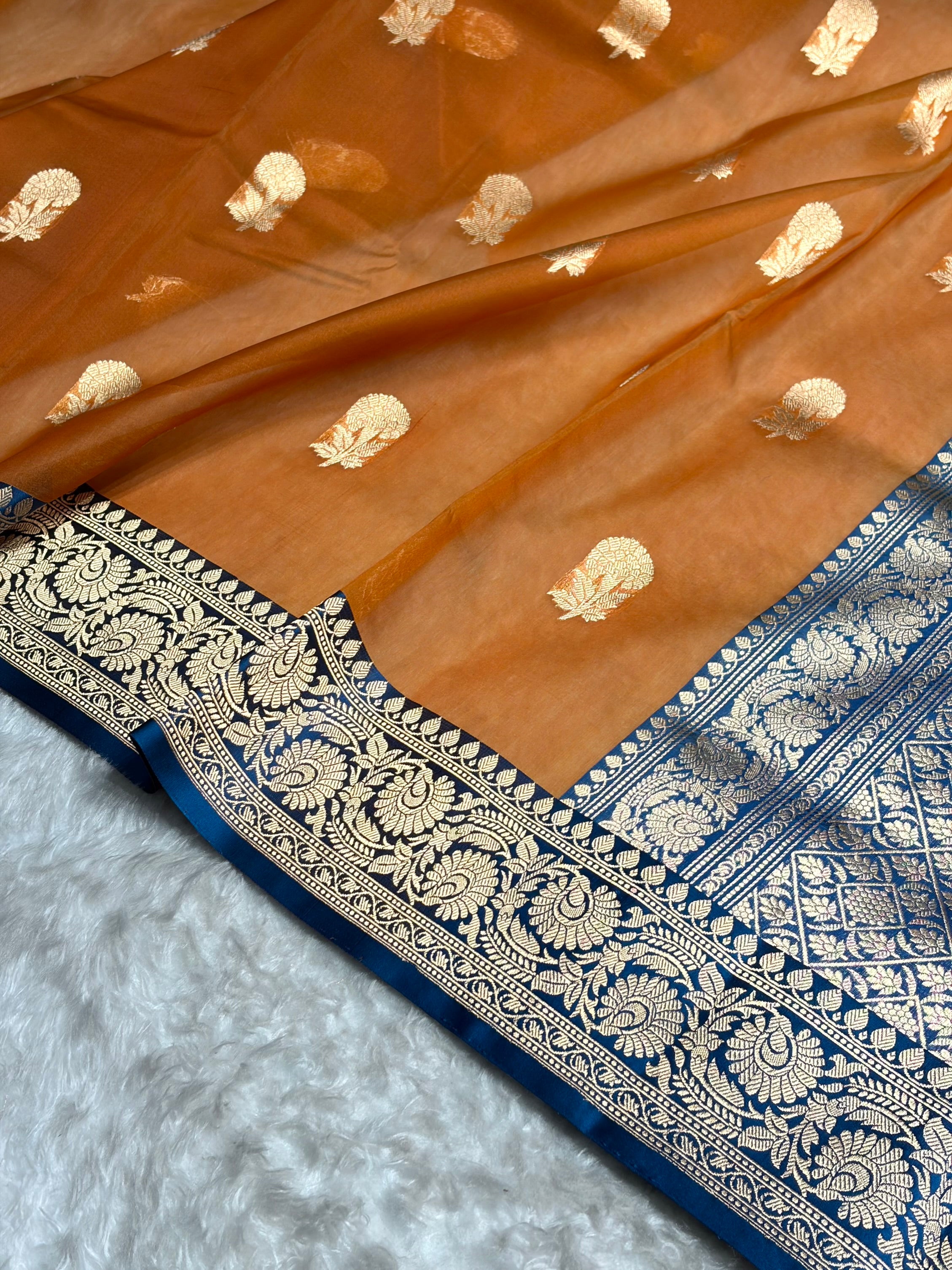 Contrast Banarasi Pure Organza Orange With Royal Blue Floral Banarasi Silk Saree PO-09