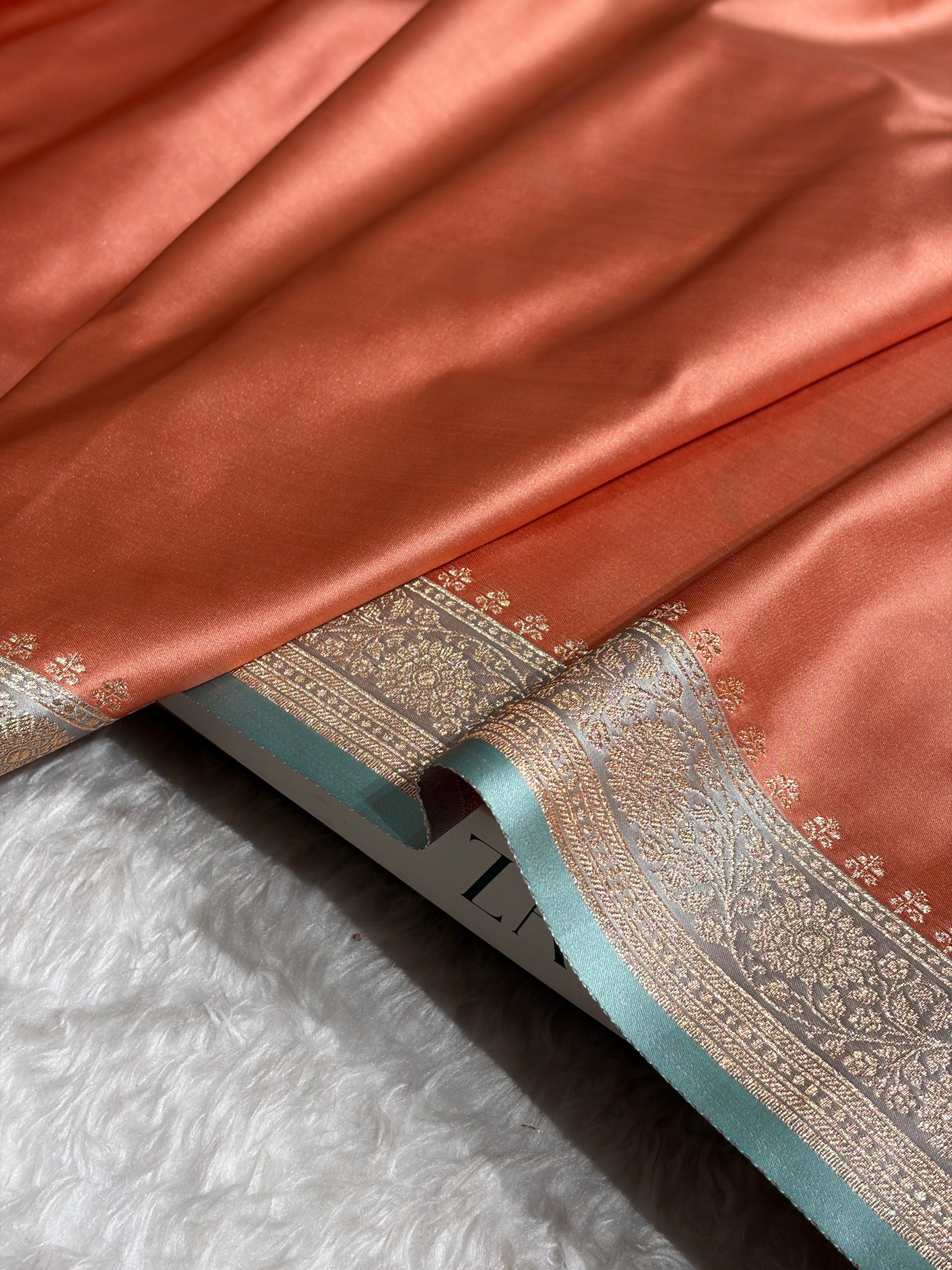Banarasi Satin Katan Saree in Contrast Dusty Peach and Turquoise Shades SK131