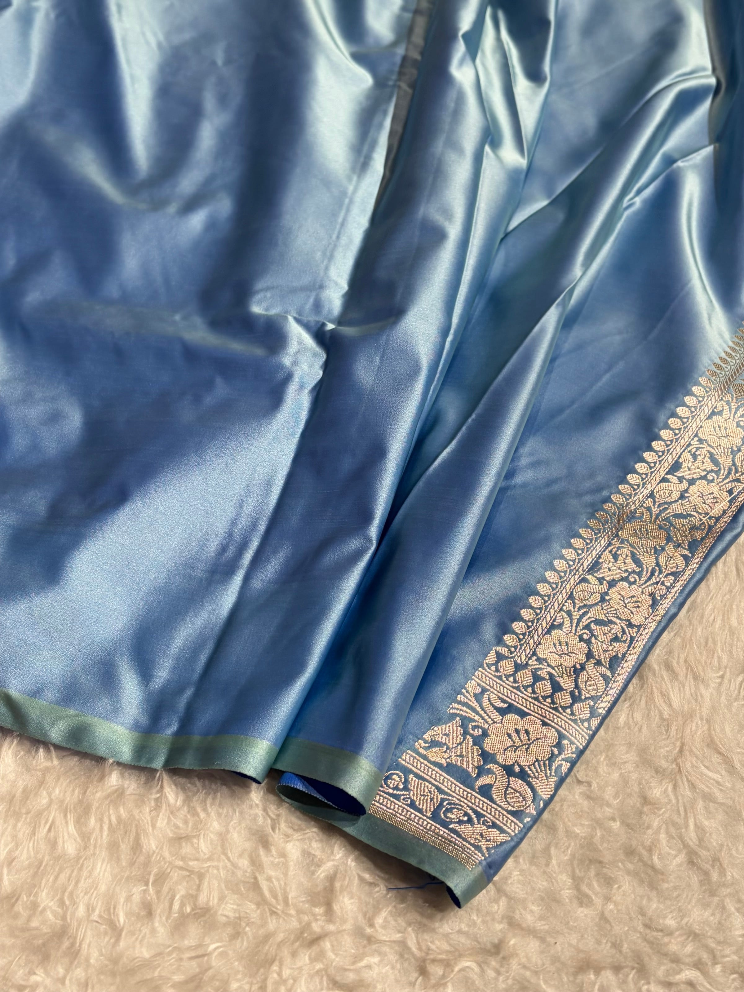 Contrast Peacock / Sky Blue Shades Banarasi Booti Pattern Mashru Silk Saree MSM-138