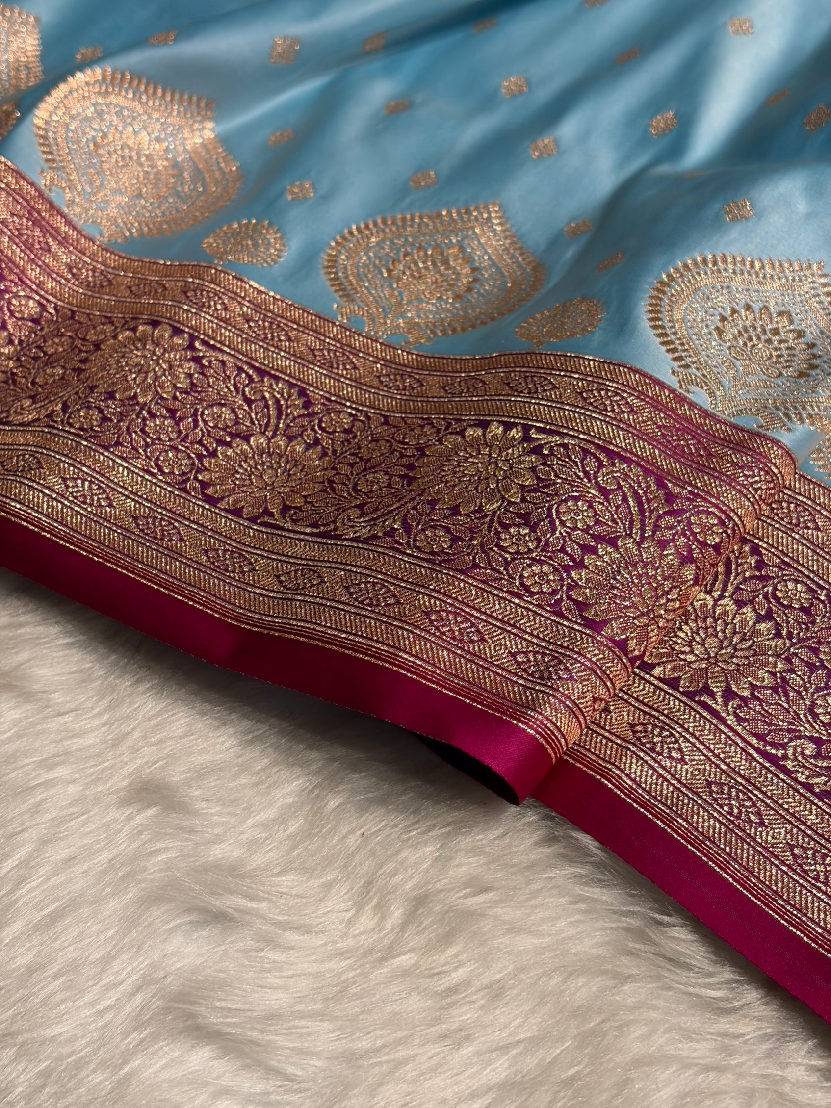 Sky blue with Rani Booti Satin Katan Silk saree SK29