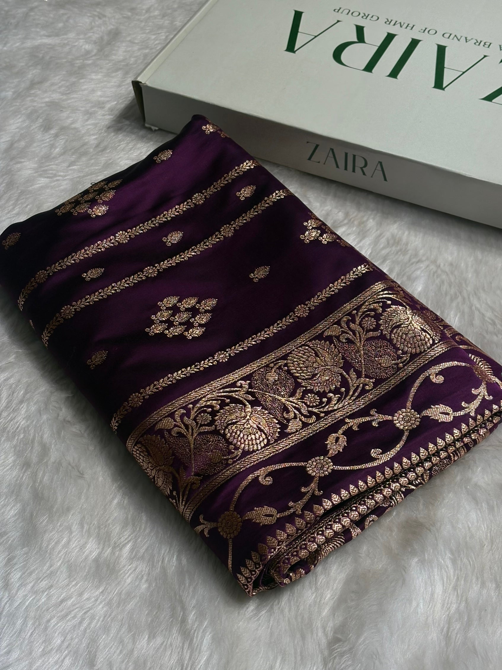 Wine Floral Boota Pattern Satin Katan Silk saree SK39