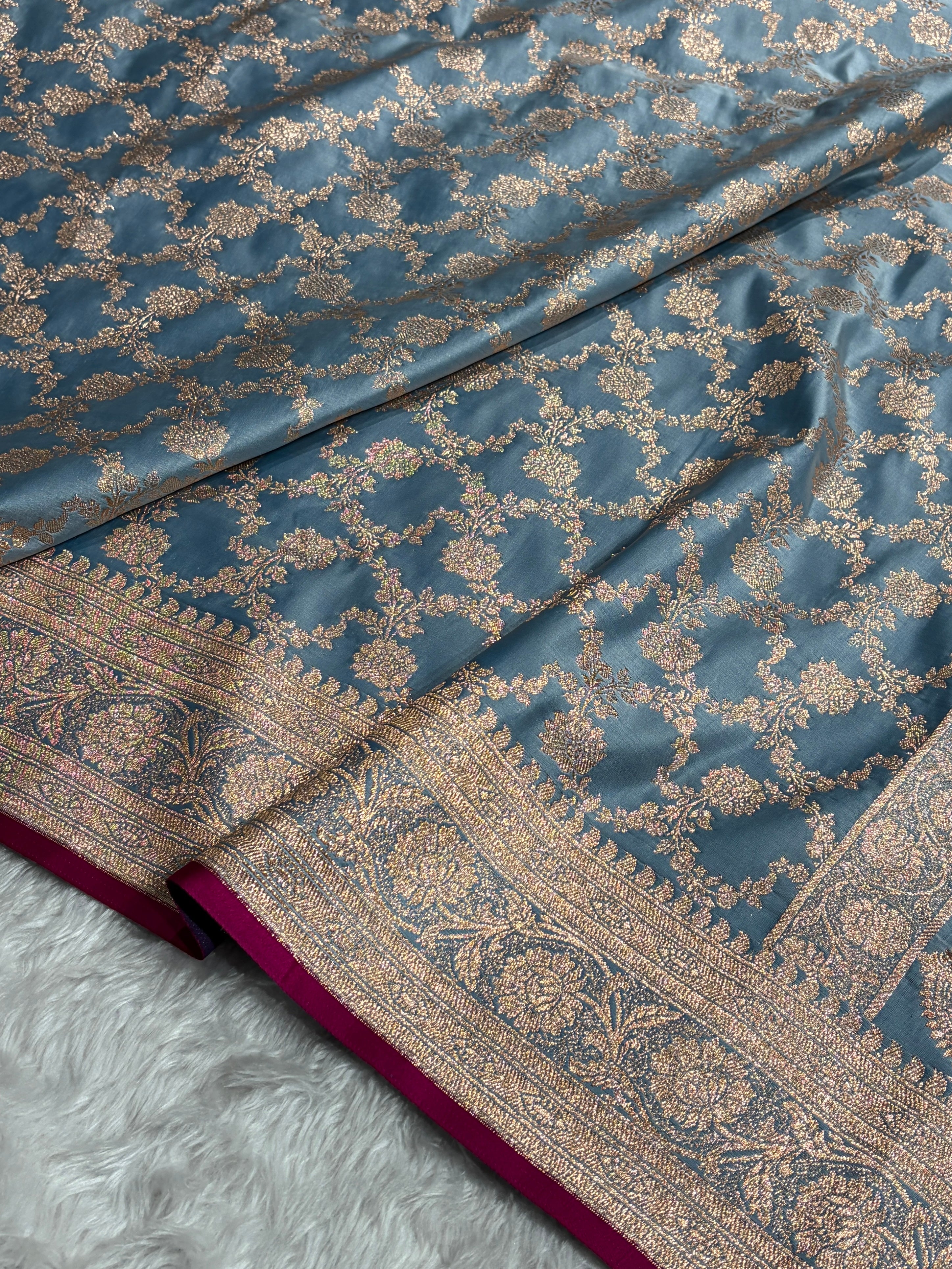 Turquoise Shades Jaal Pattern Satin Katan Silk Saree SK25