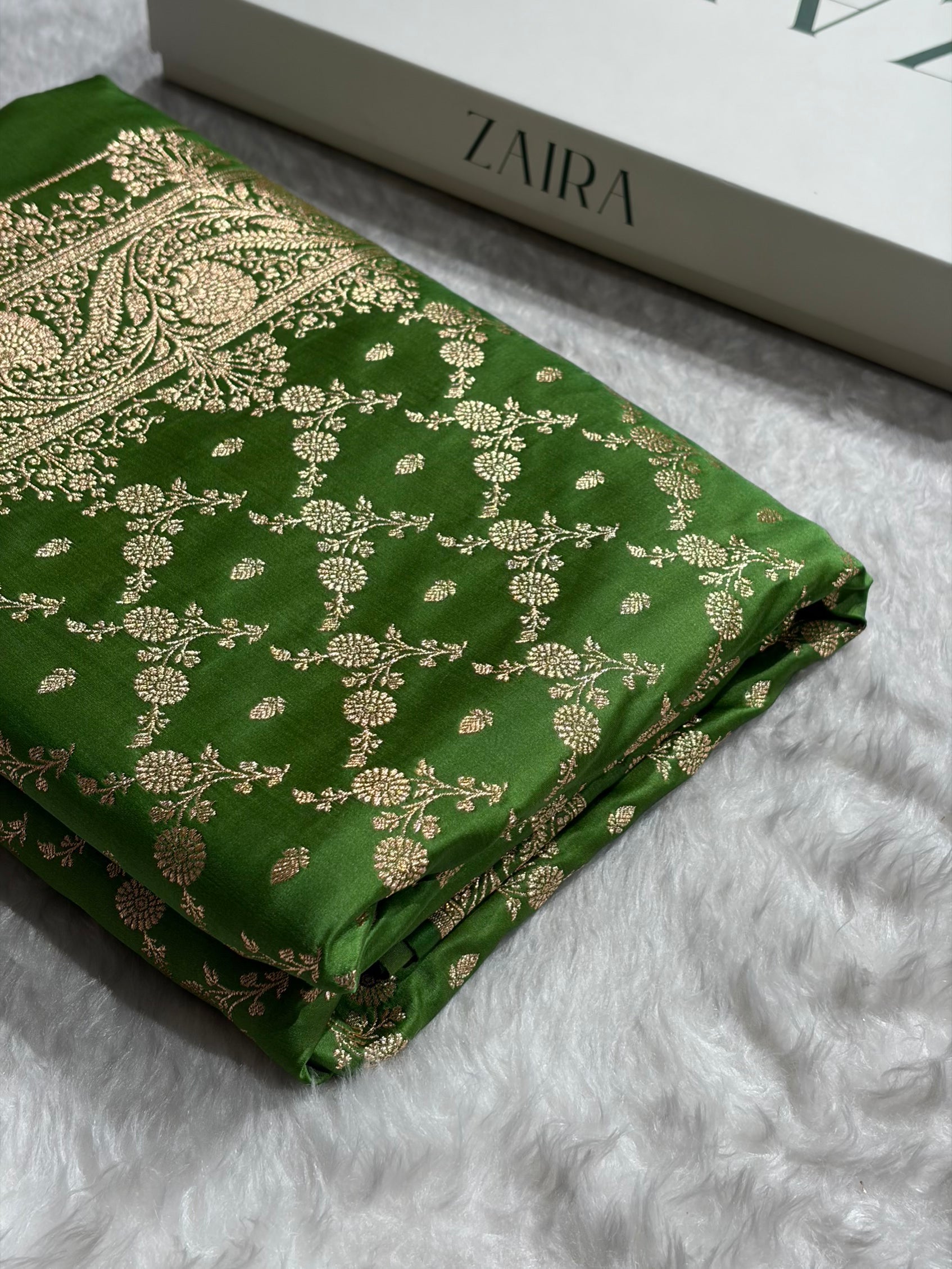 Banarasi Satin Katan Saree Jaal Pattern In Mahndi Green Shades SK133