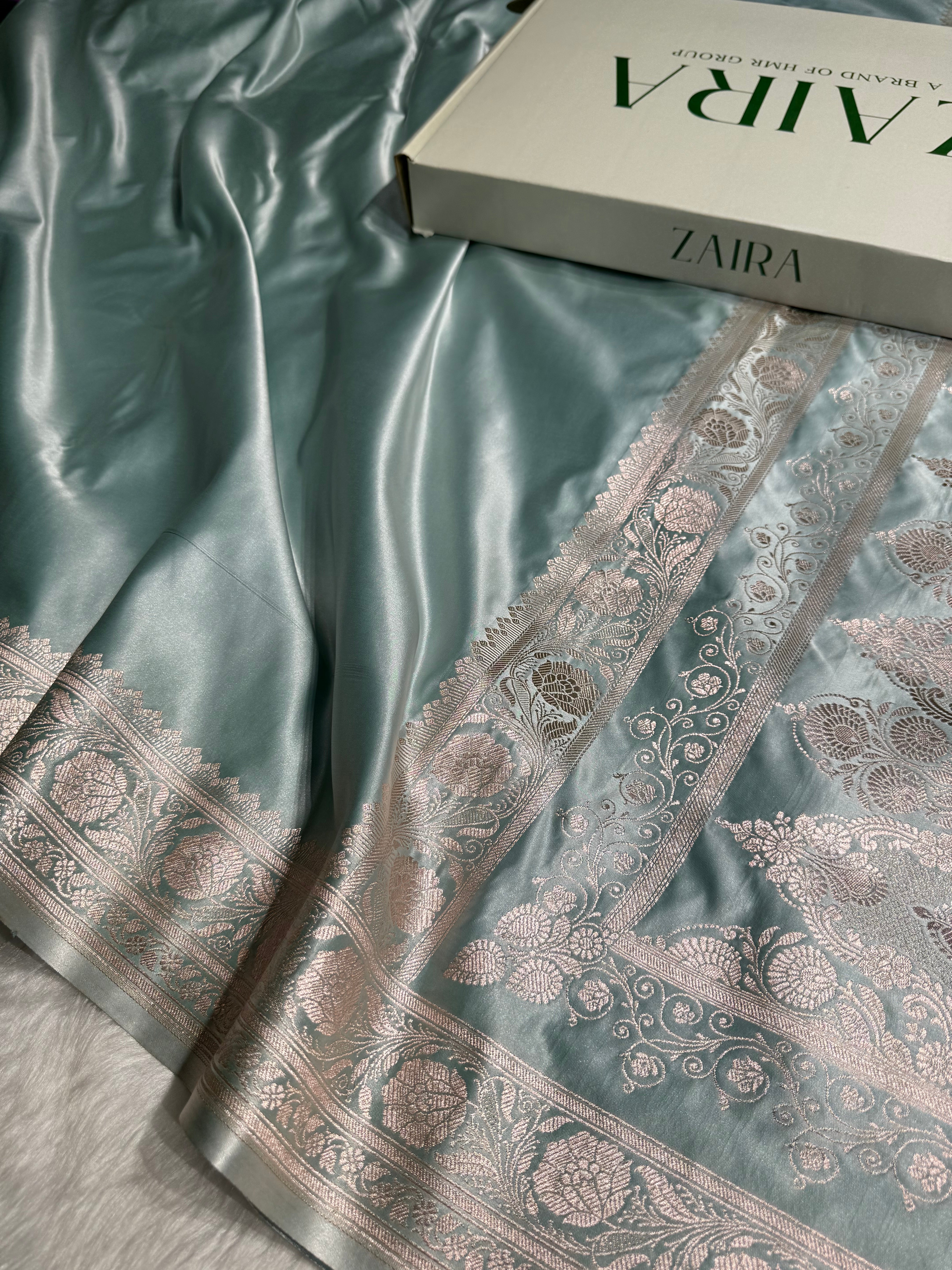 Dusty Sea Green Shades Plain Mashru Silk Saree