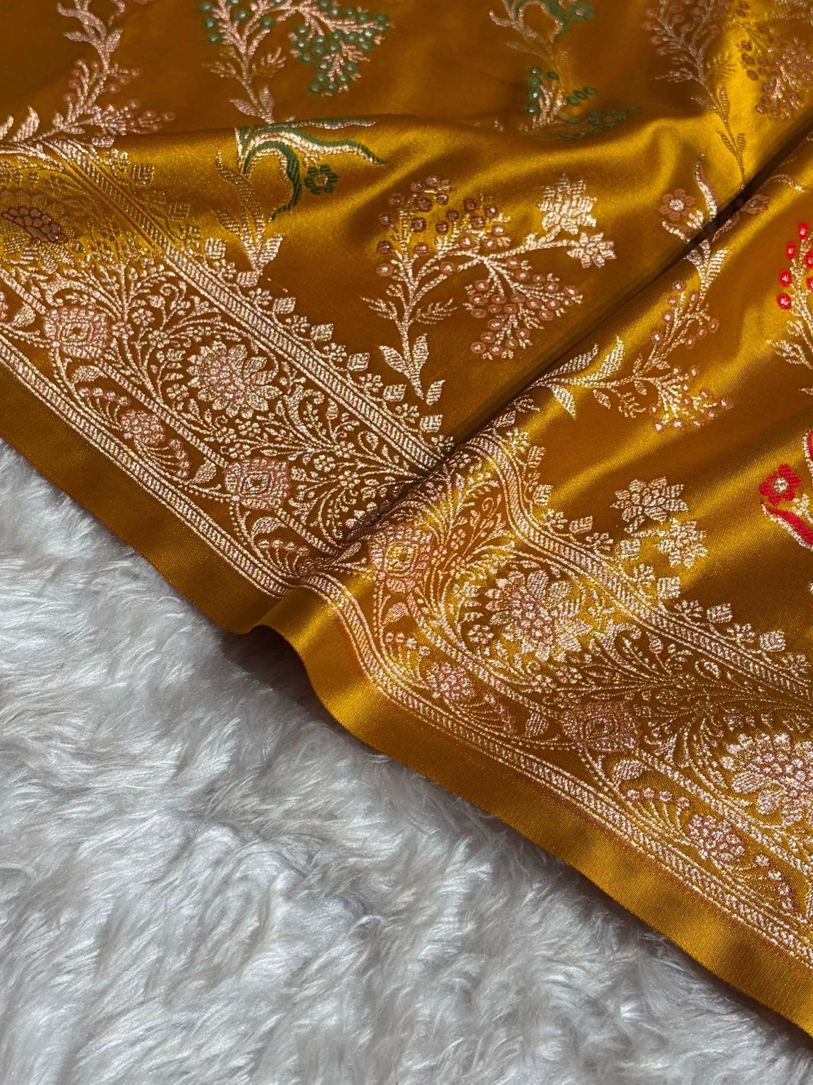 Banarasi Satin Katan Saree Floral Minakari Jaal Pattern in Mustard Shades SK151
