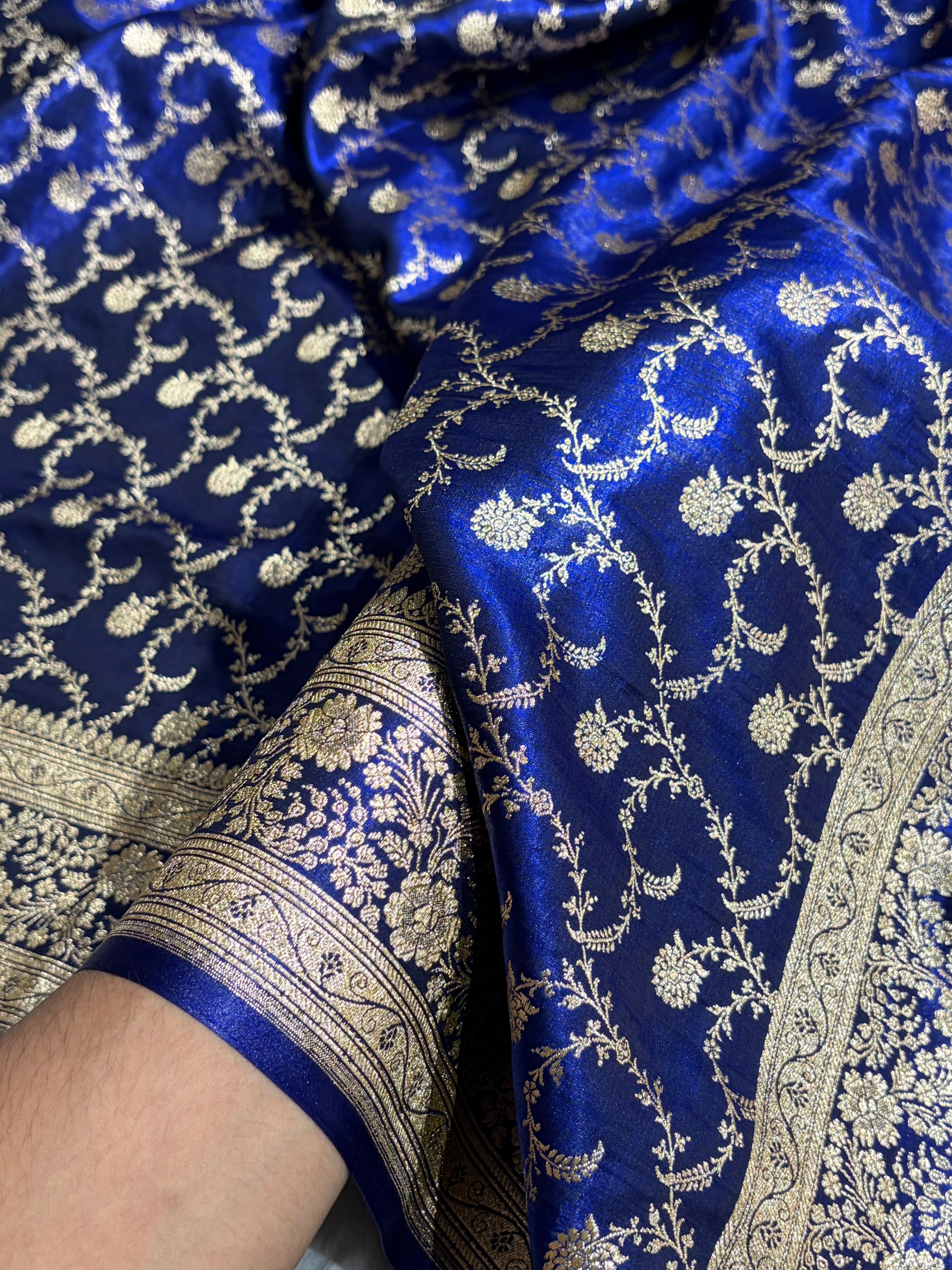 Royal Blue Shades Jaal Pattern Banarasi Satin Silk Saree SS43