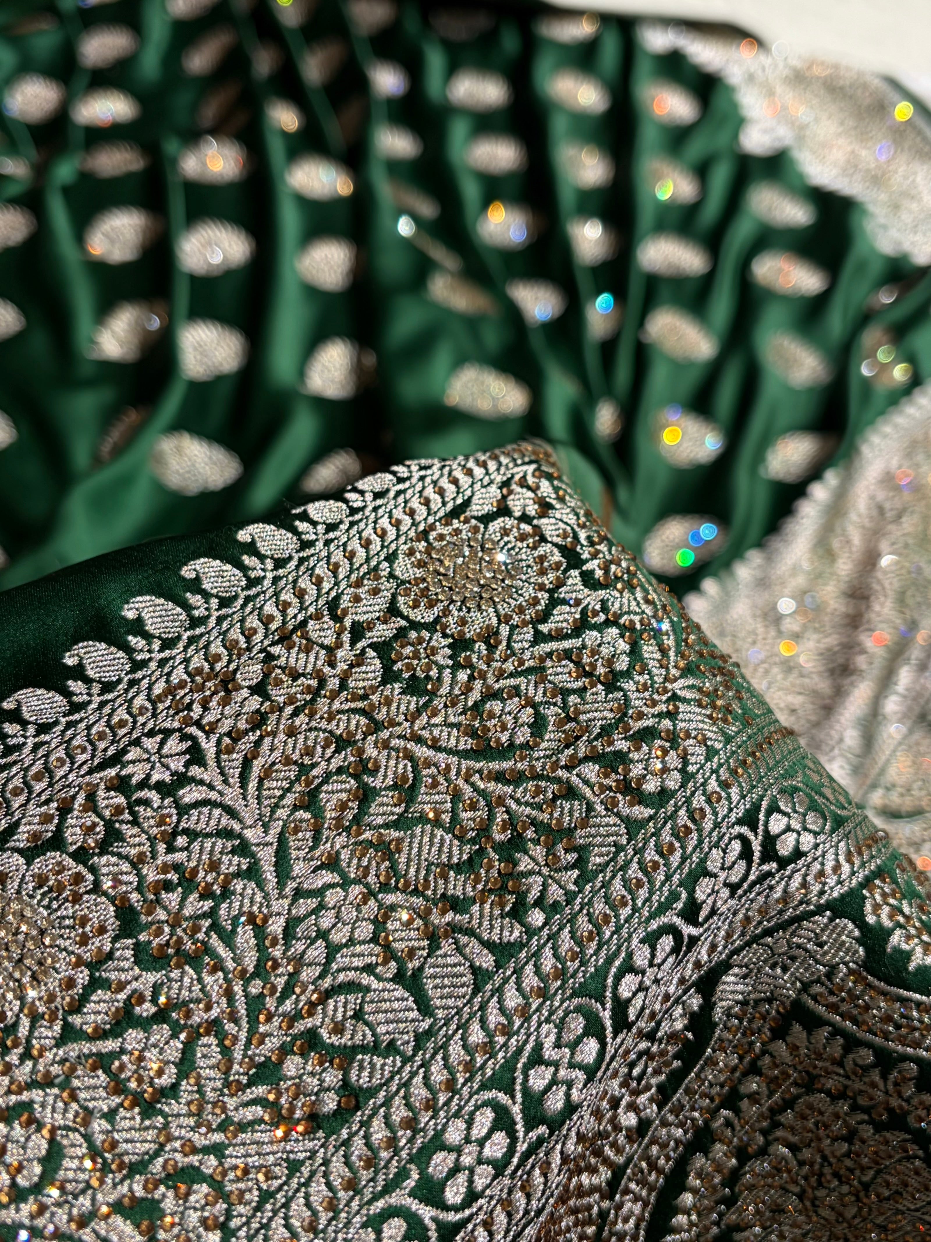 Bottle Green Tree Boota With Swarovski Work Mashru Silk Saree BMS19