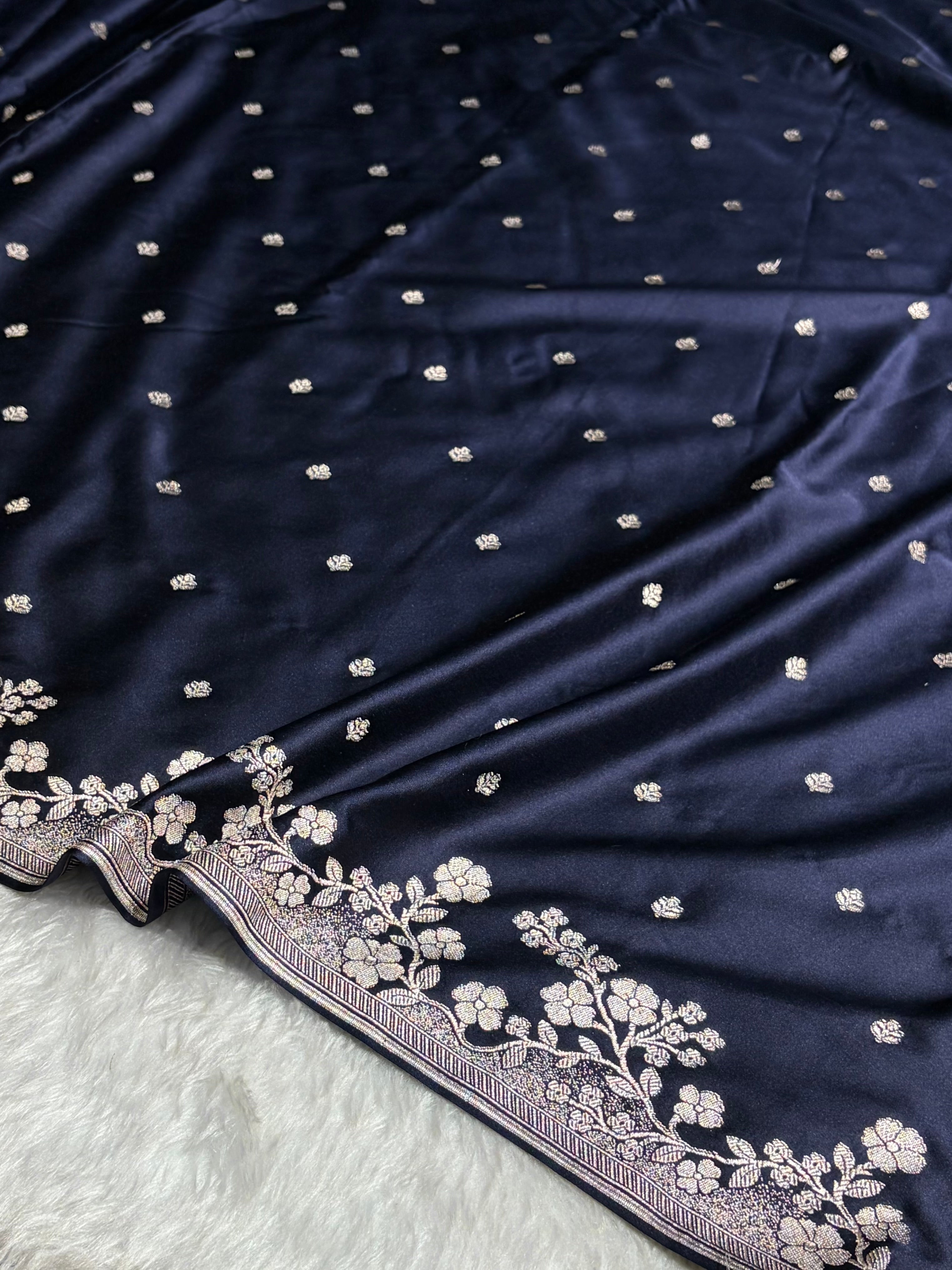 Navy Blue Shades Floral Border Booti Mashru Silk Saree MS75