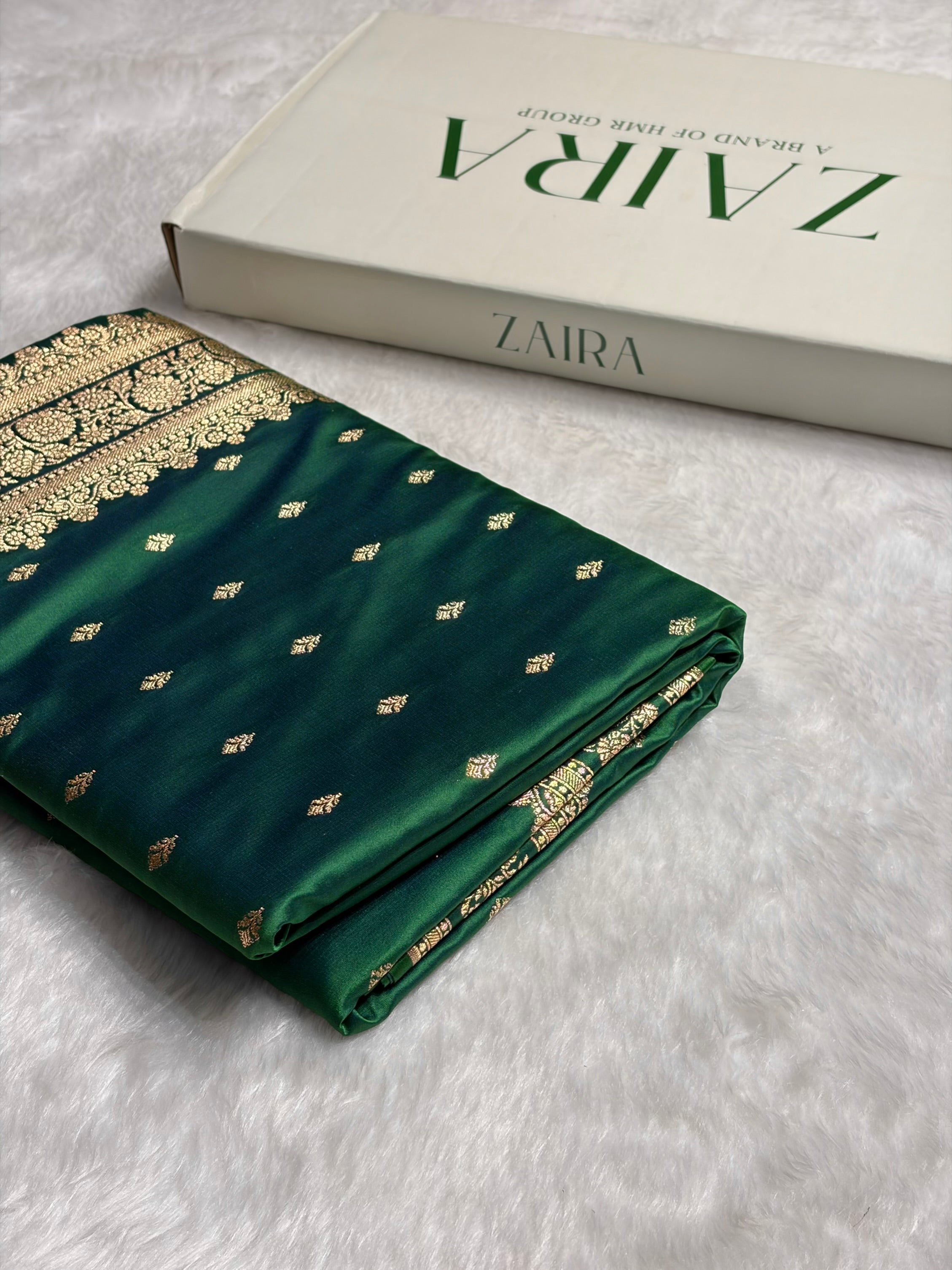 Cross Green Shades Booti Pattern Satin Katan Silk Saree SK51