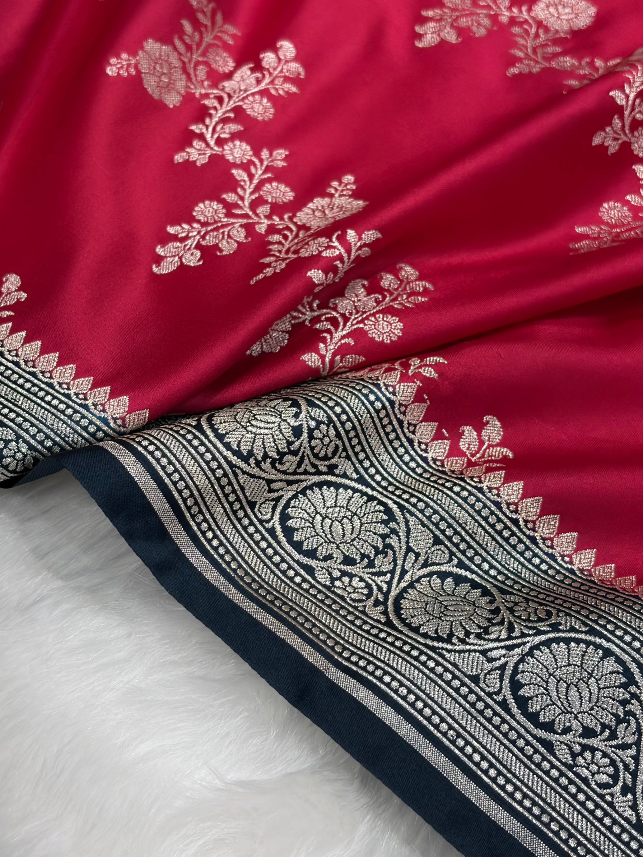 Contrast Ruby Pink Banarasi Cross Mashru Silk Saree MS01