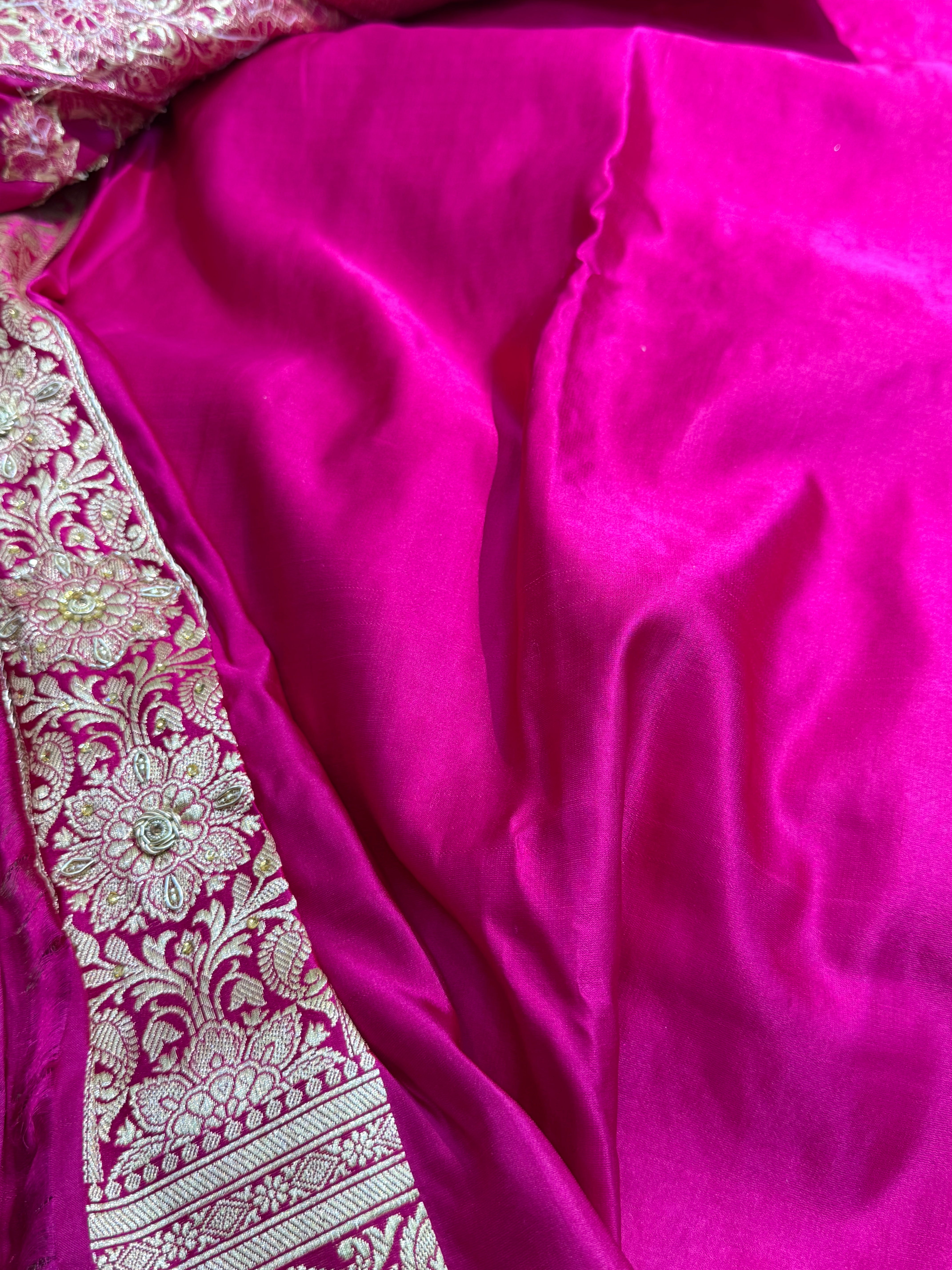 Rani Pure Katan Silk Banarasi Saree with Zardozy, Ari and Stone work
