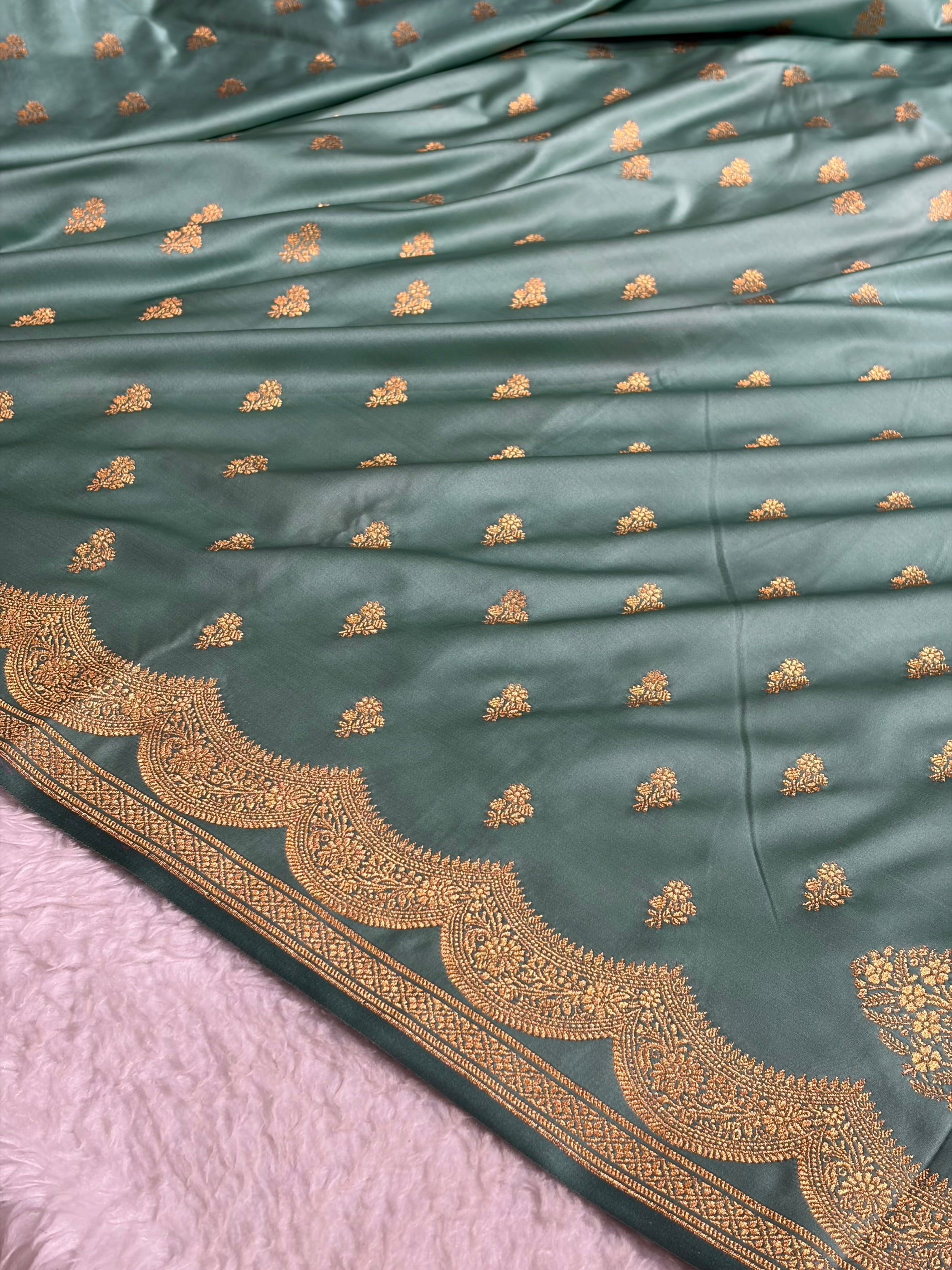 Sea Green Scallop Booti Mashru Silk Banarasi Saree MSM-35
