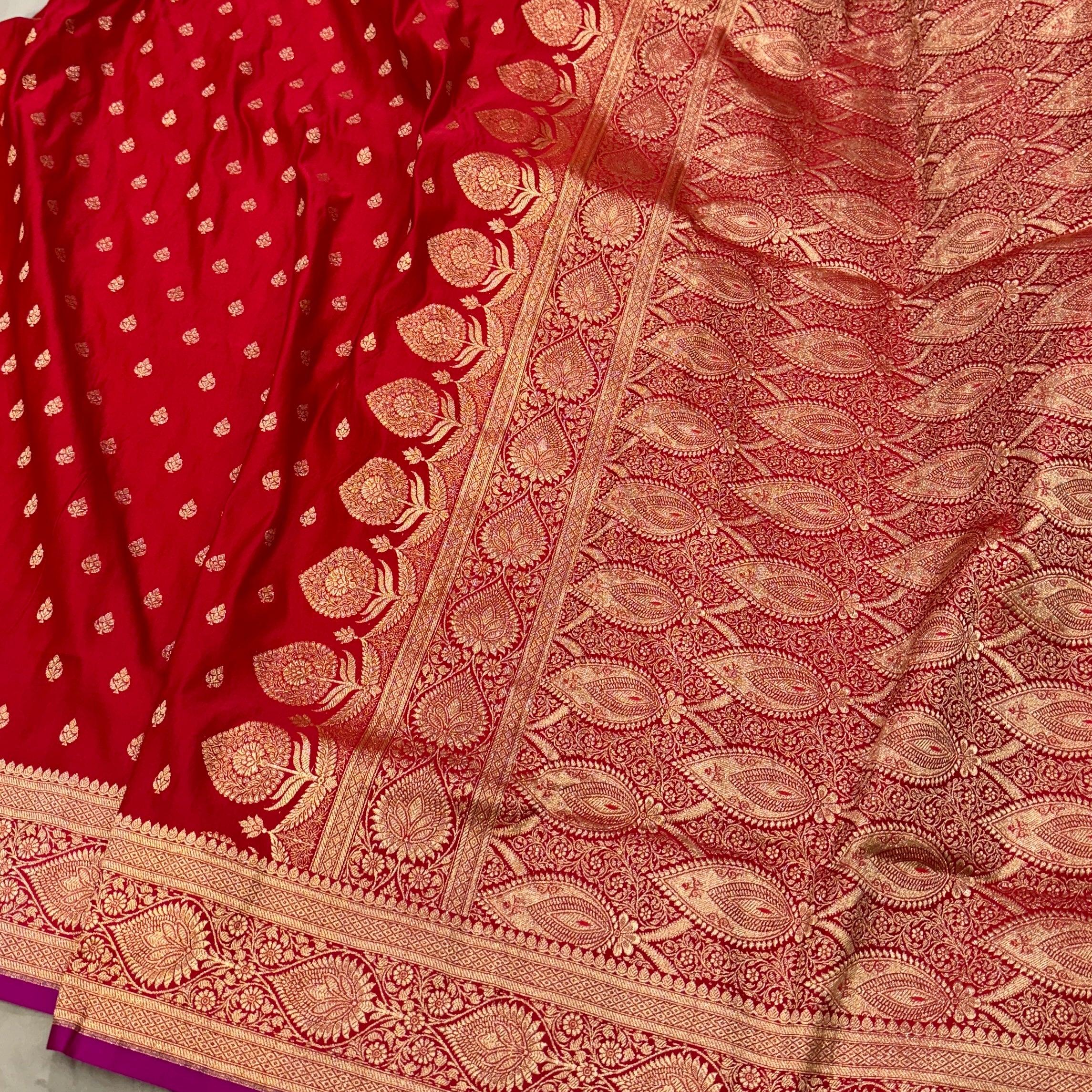 Cherry Red Booti Satin Katan Silk Saree SK10