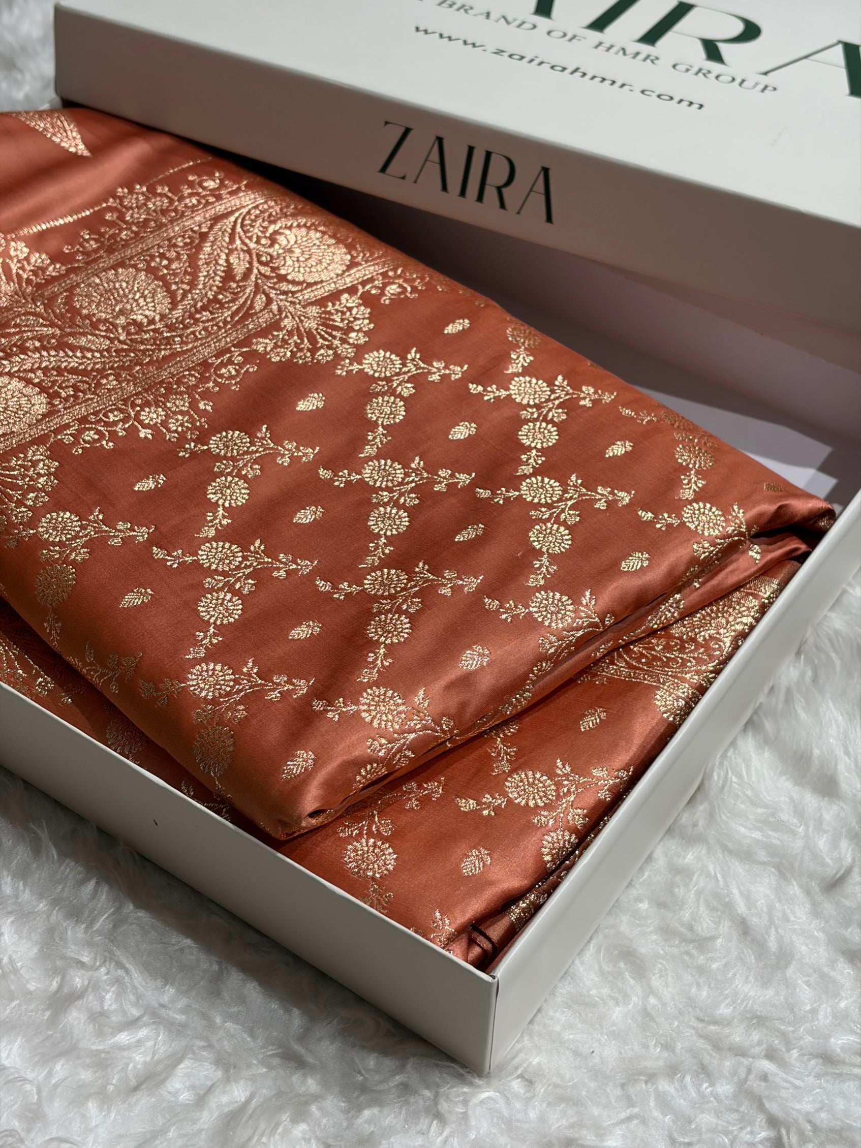 Banarasi Satin Katan Saree Jaal Pattern In Pastel Rust Shades SK133