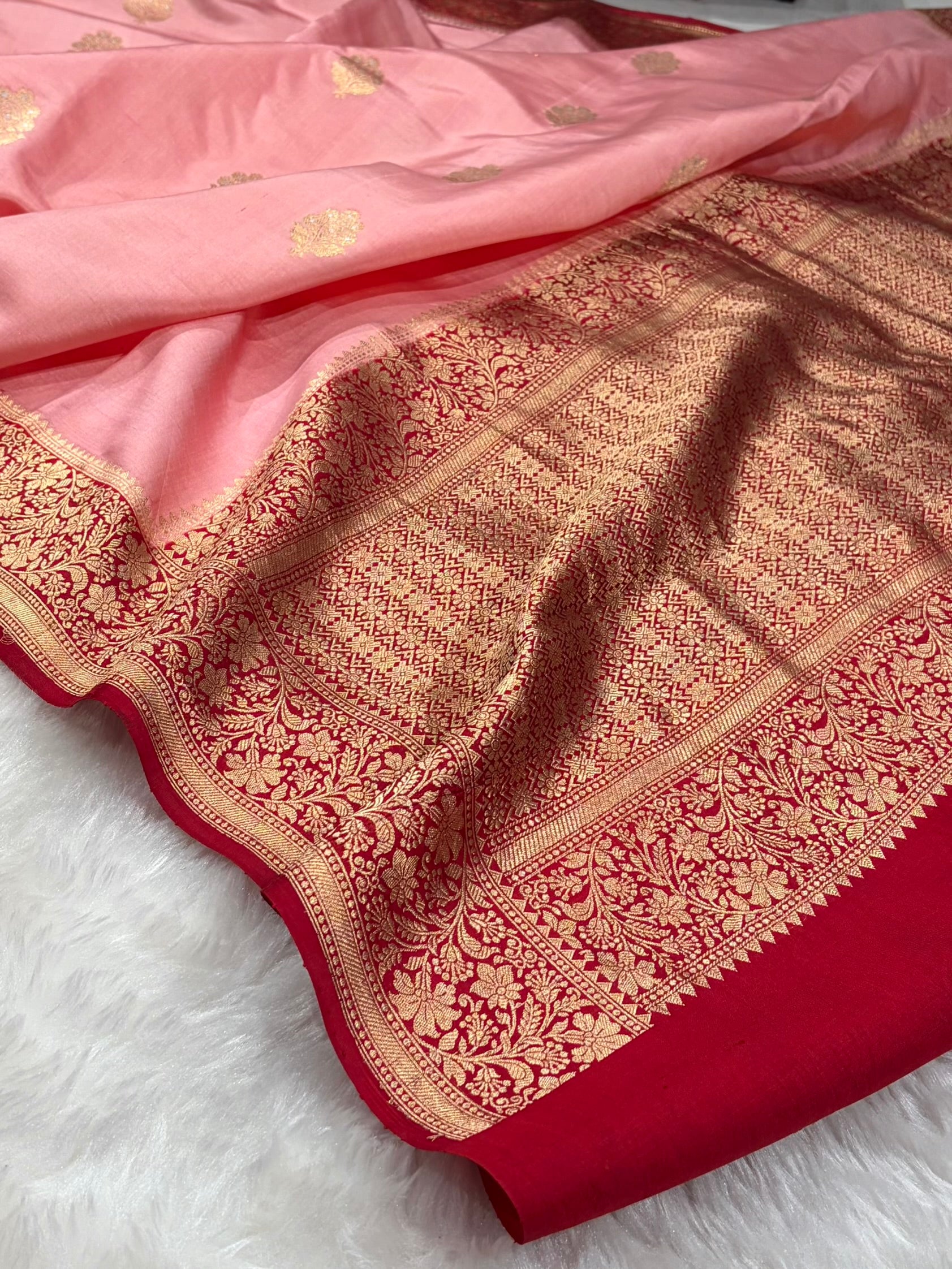 Banarasi Baby Pink With Maroon Contrast Shades Meenakari Boots Handwoven Pure Paper Silk Saree RM-90