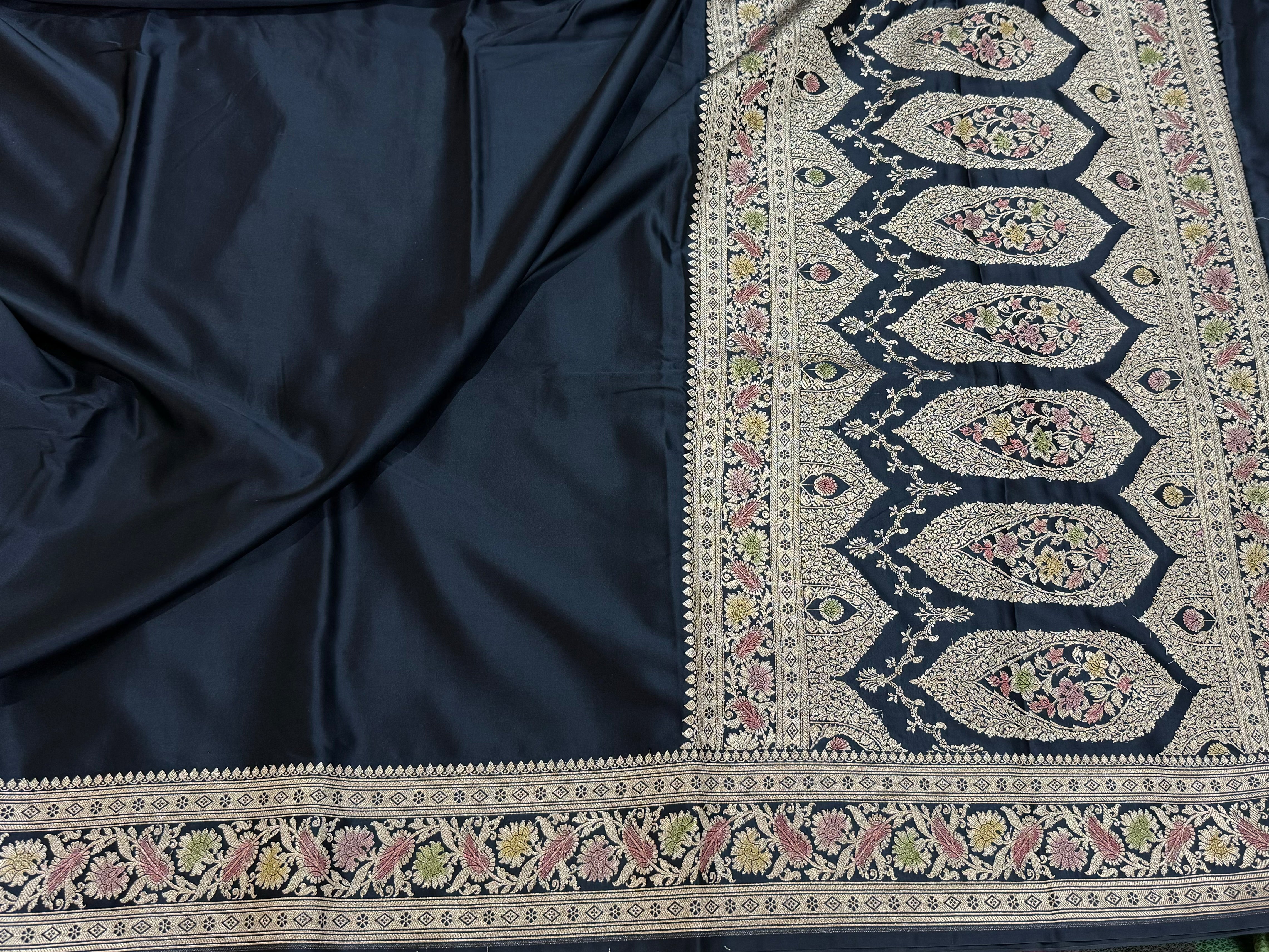 Dark Navy Plain Mashru Silk Saree with blouse stitch added