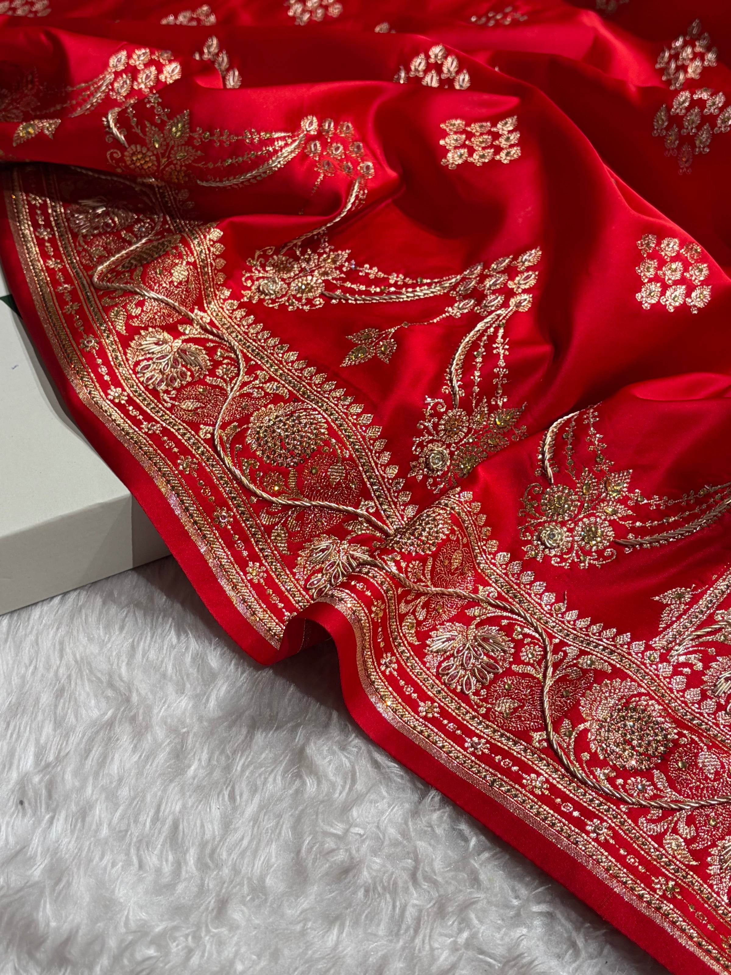 Bridal Red Floral Boota Pattern With Zardozi Stone Work Satin Katan Silk saree BSK34