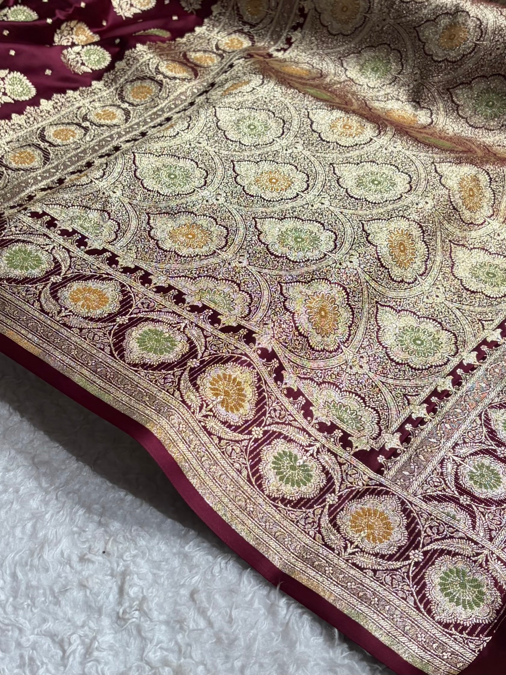 Garnet Banarasi Minakari Booti Satin Katan Silk saree