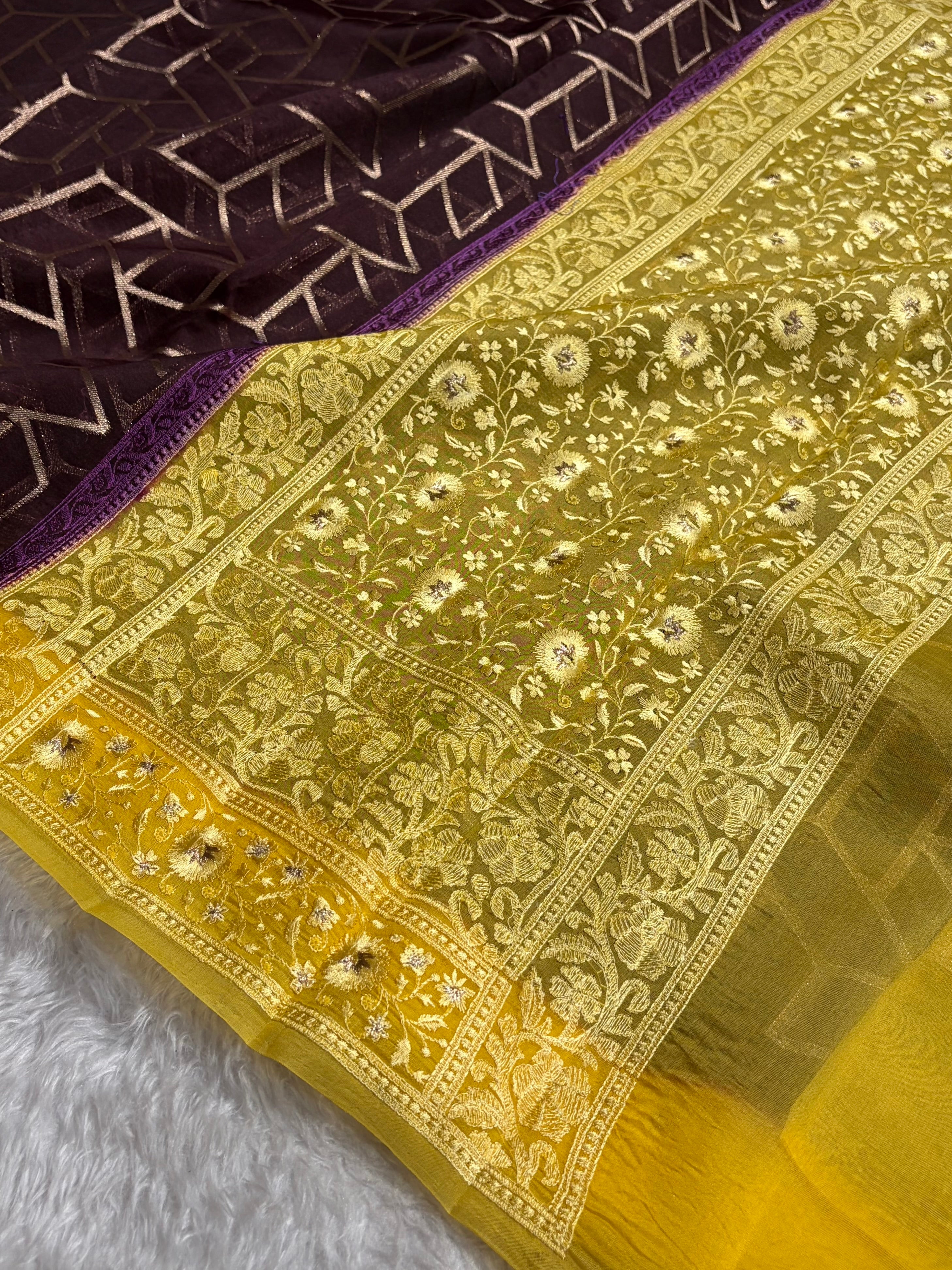 Banarasi Pure Organza Contrast Chocolate With Yellow Shades Banarasi Silk Saree PO-43