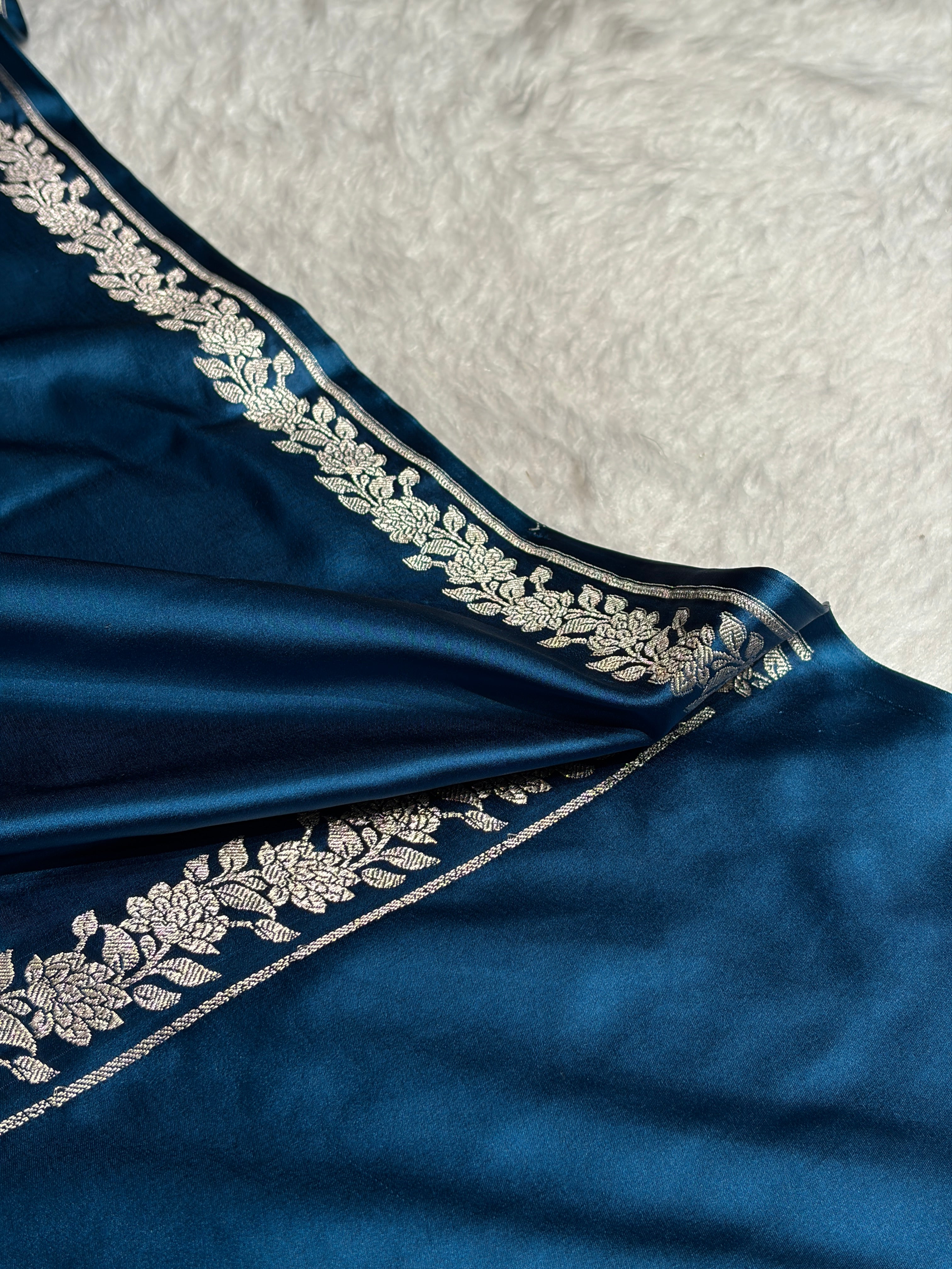 German Blue With Floral Border Mashru Silk Saree MS80