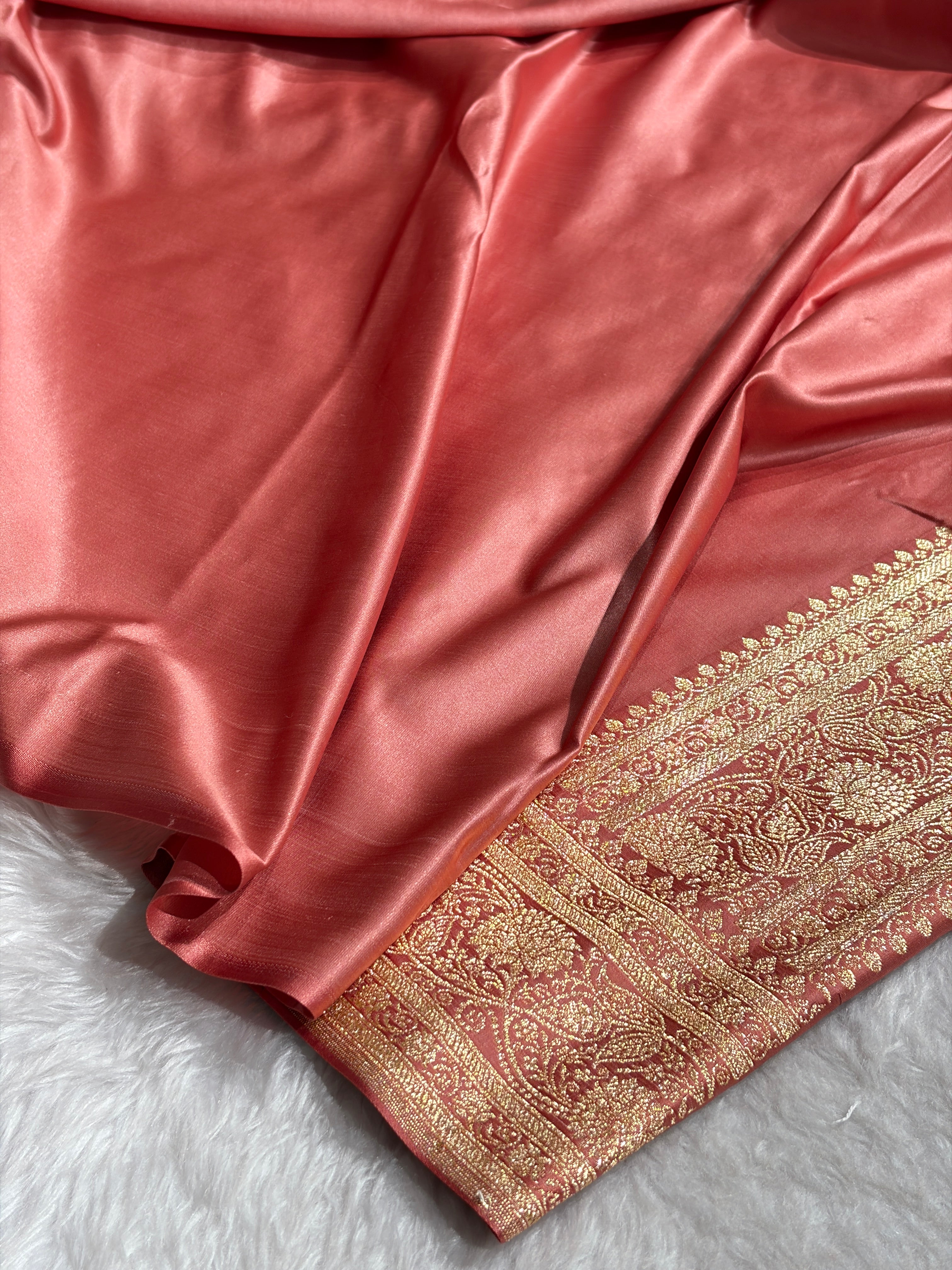 Dusty Peach Shades Floral Jaal Pattern Satin Katan Silk saree SK55