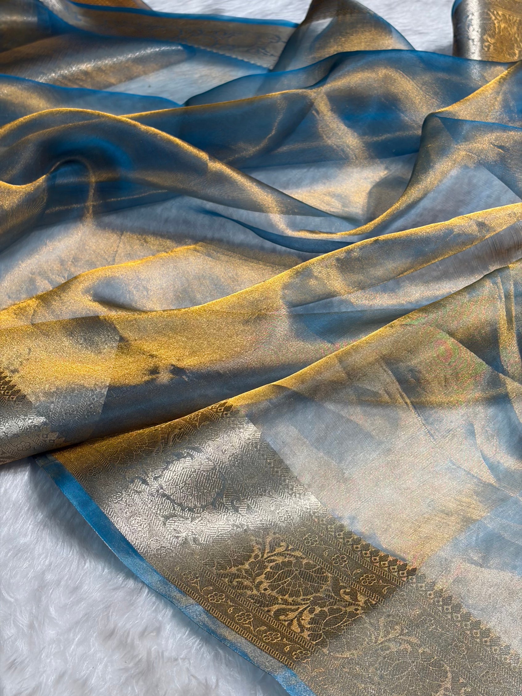 Goldish Firozi Shades Banarasi Pure Tissue Silk Saree with Brocade Blouse PT-18