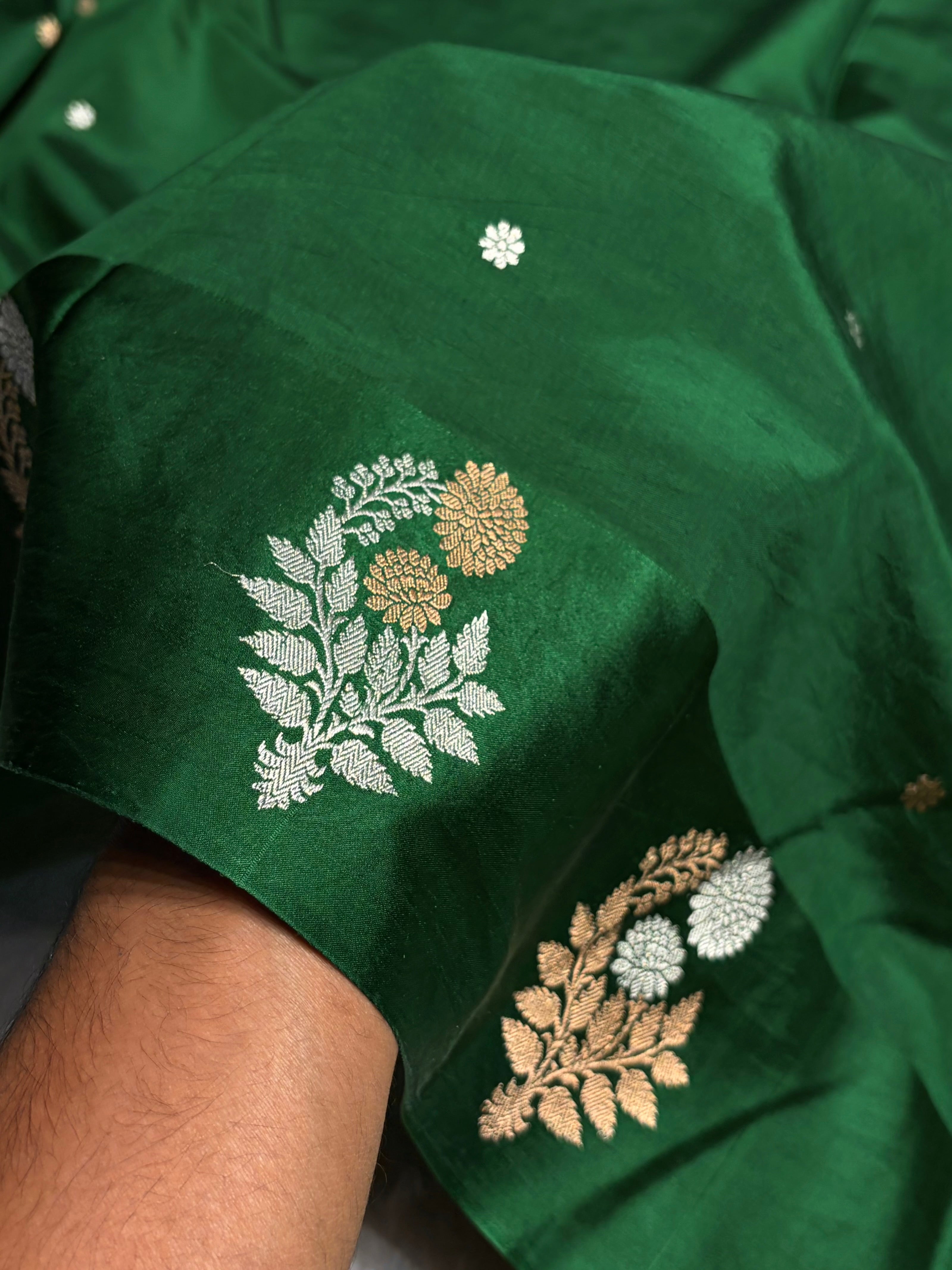 Bottle Green Shade Handwoven Kaduwa Pure Katan Raw Mango Silk RM-05