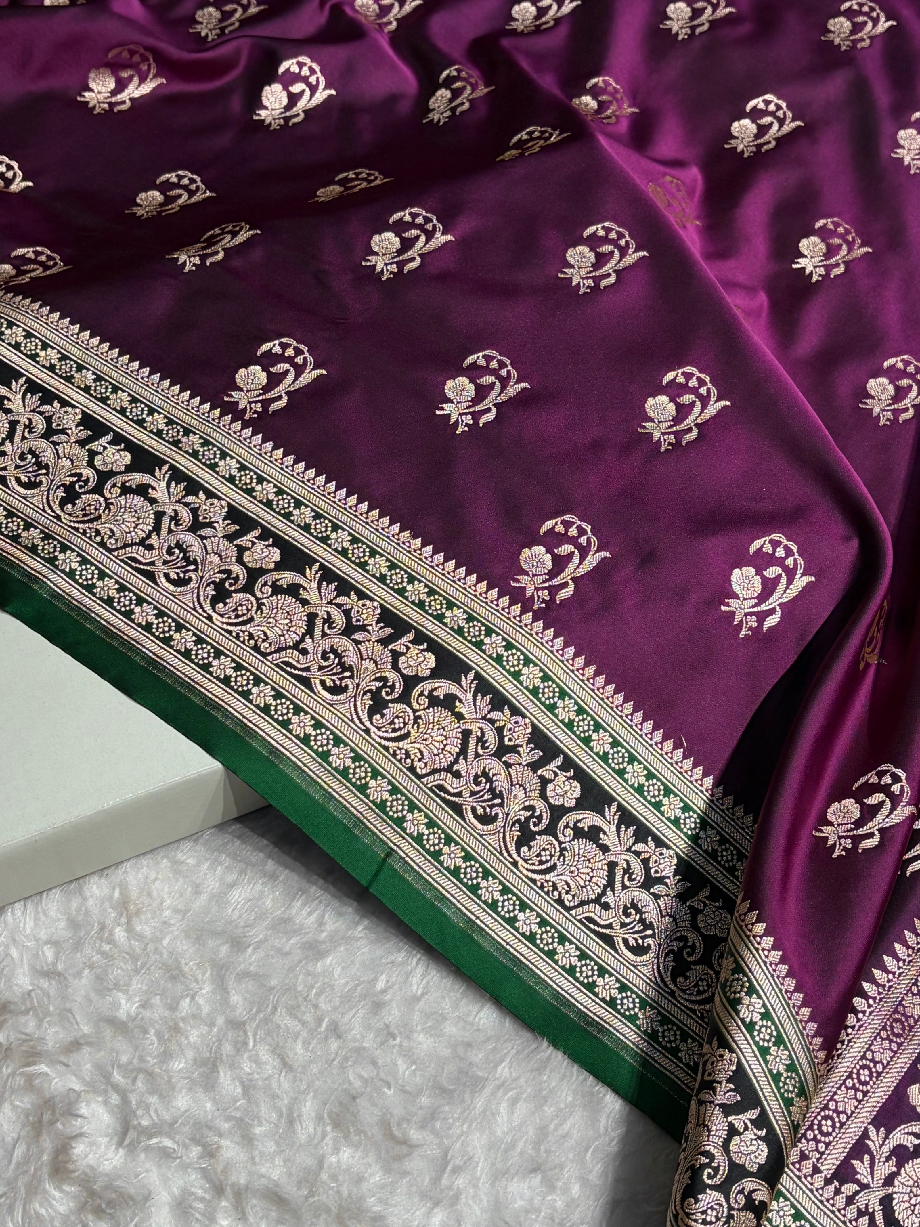 Banarasi Wine With Contrast Green Floral Border Mashru Silk Saree MSM-100