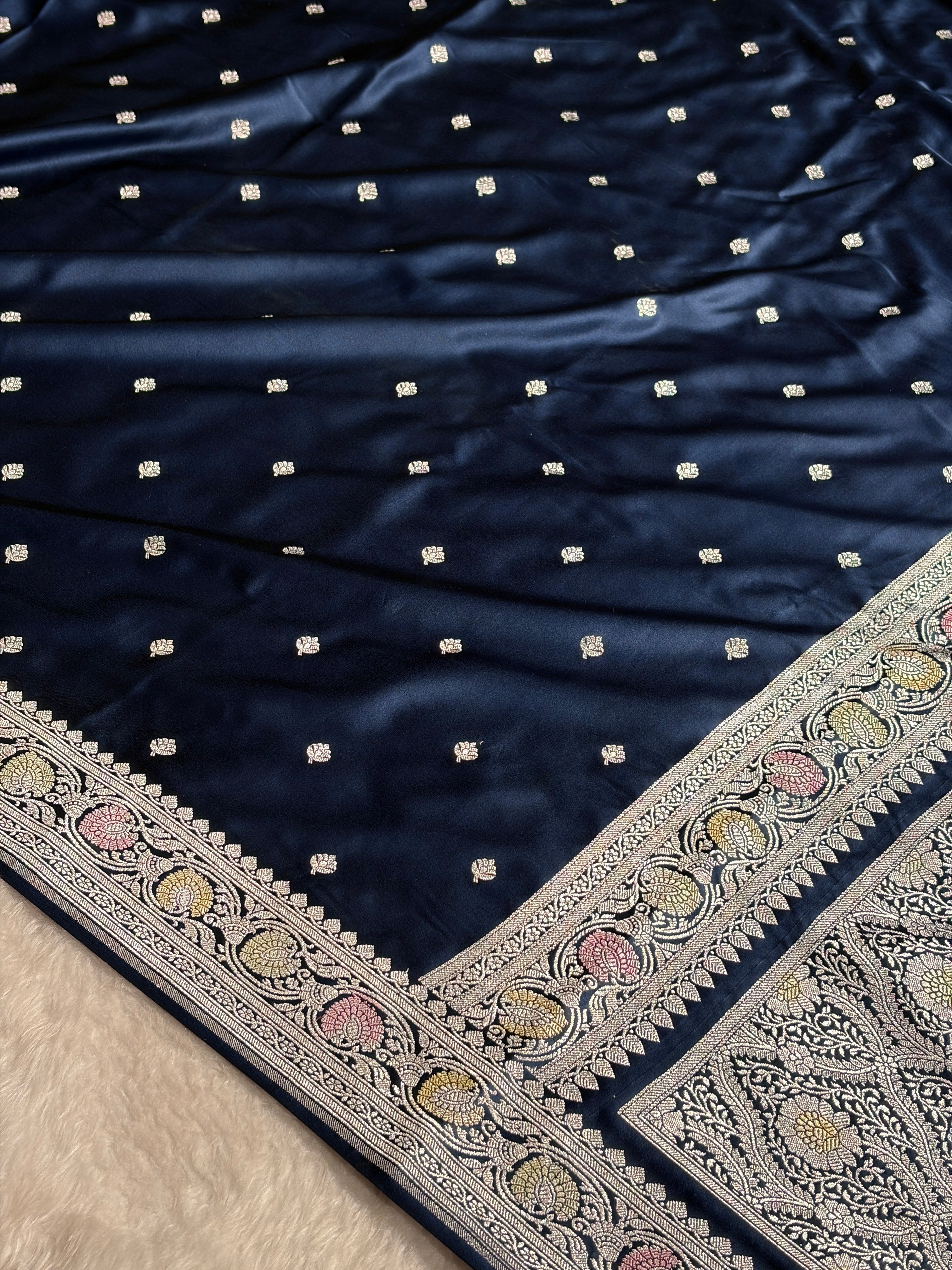 Banarasi Dark German Blue Booti Mashru Silk Saree MS10