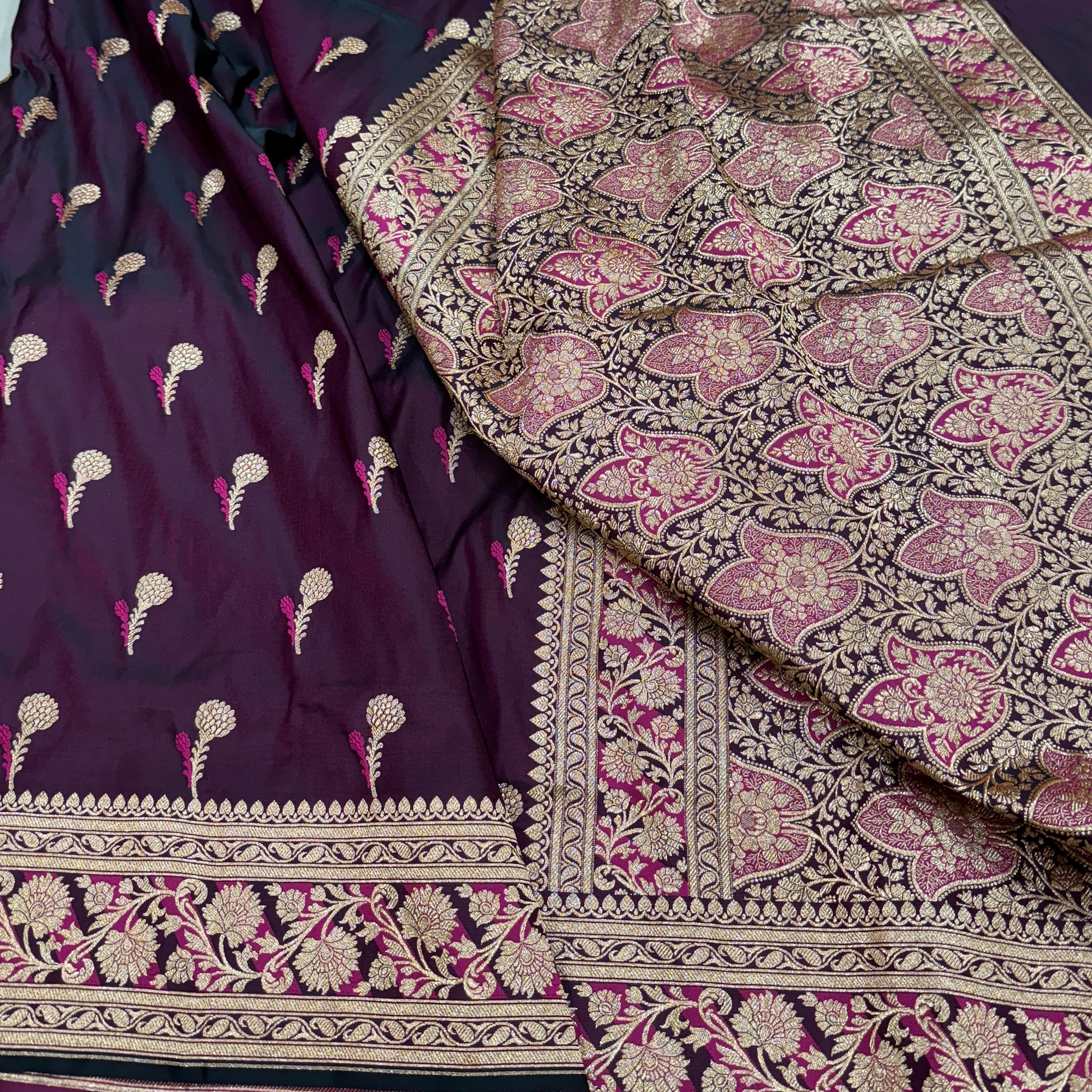 Dark Wine Booti Katan Silk Saree SK05