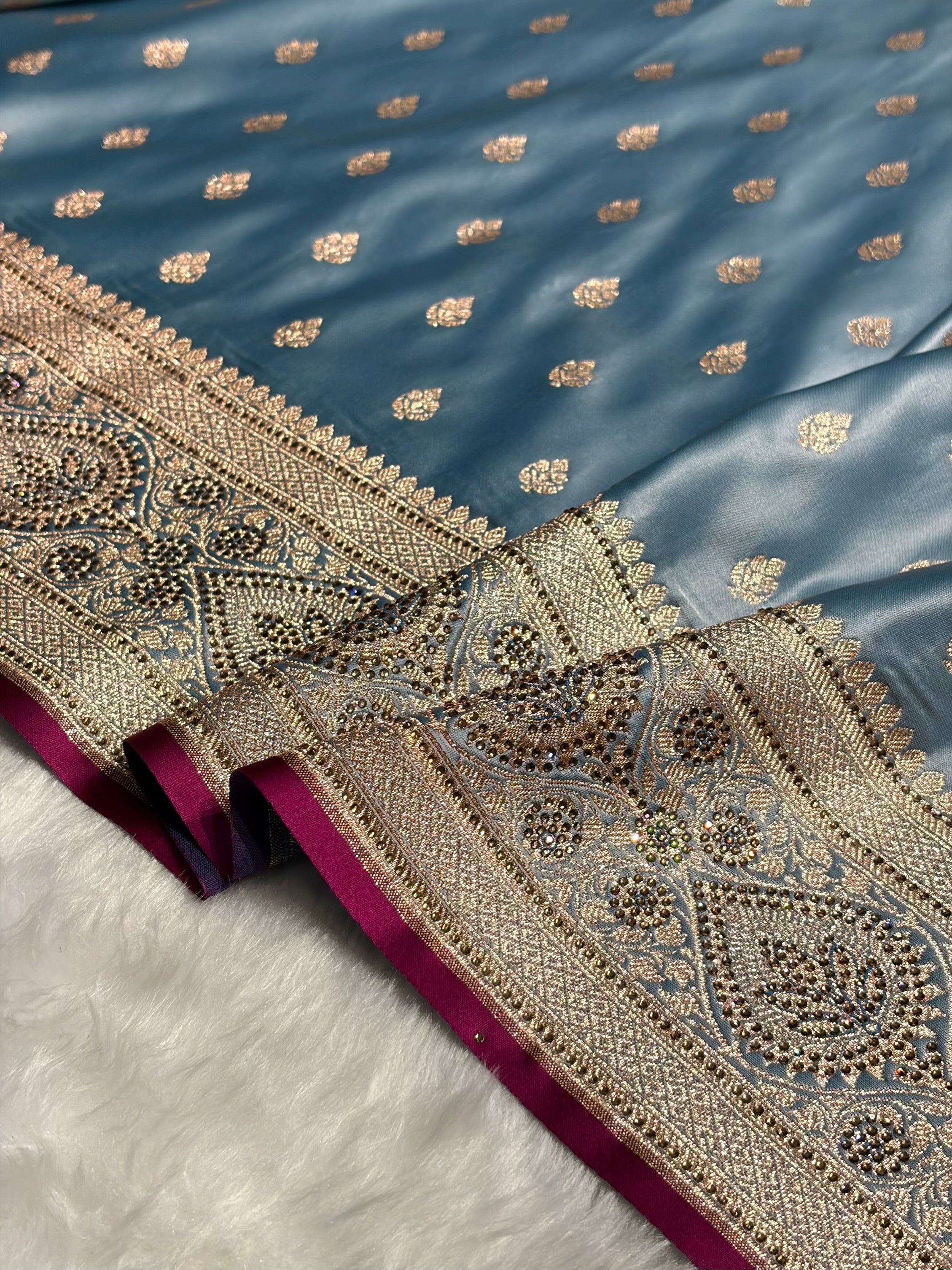 Sky Blue Swarovski Work Booti Satin Katan Silk Saree BSK10