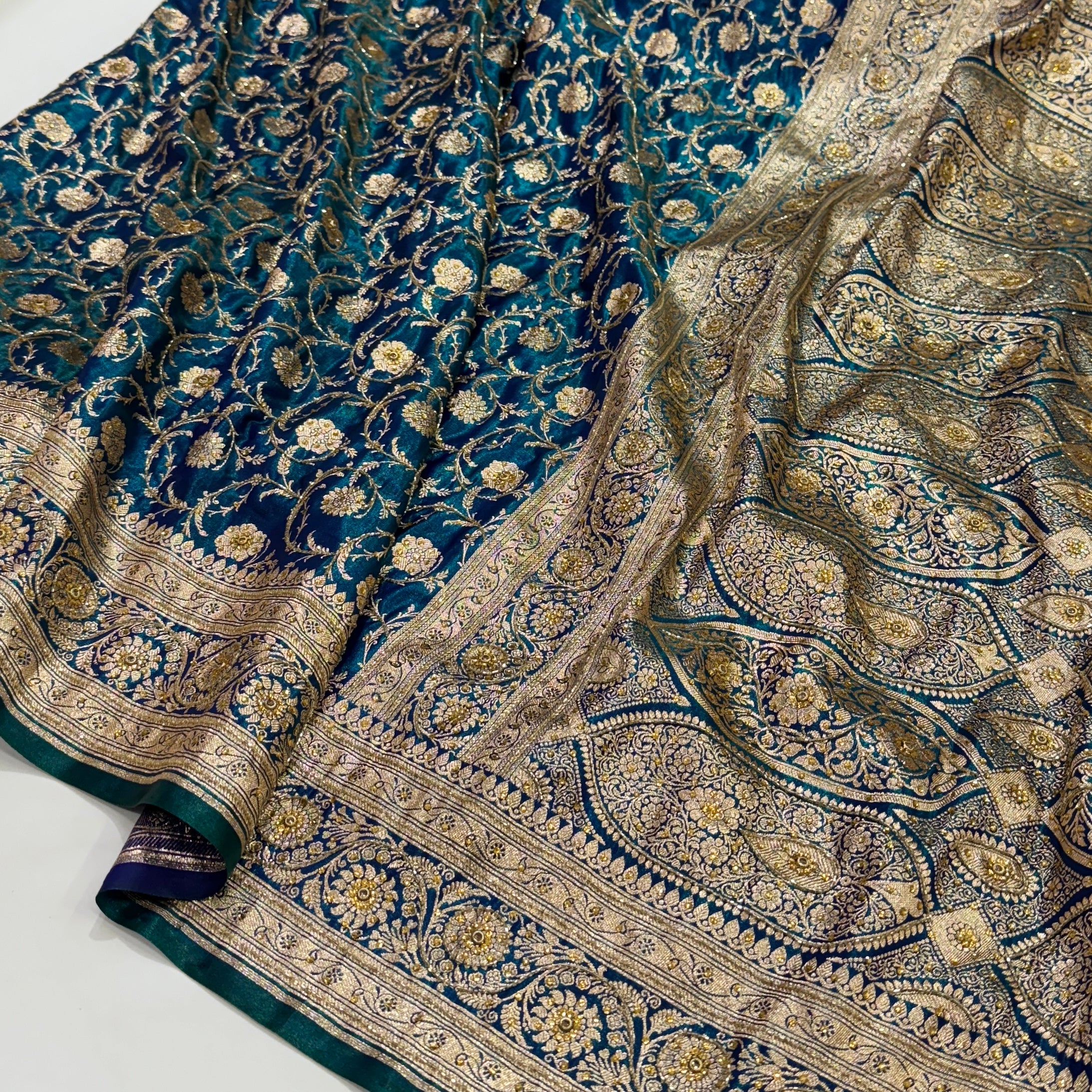 Peacock green Satin Jaal with Ari and Stone