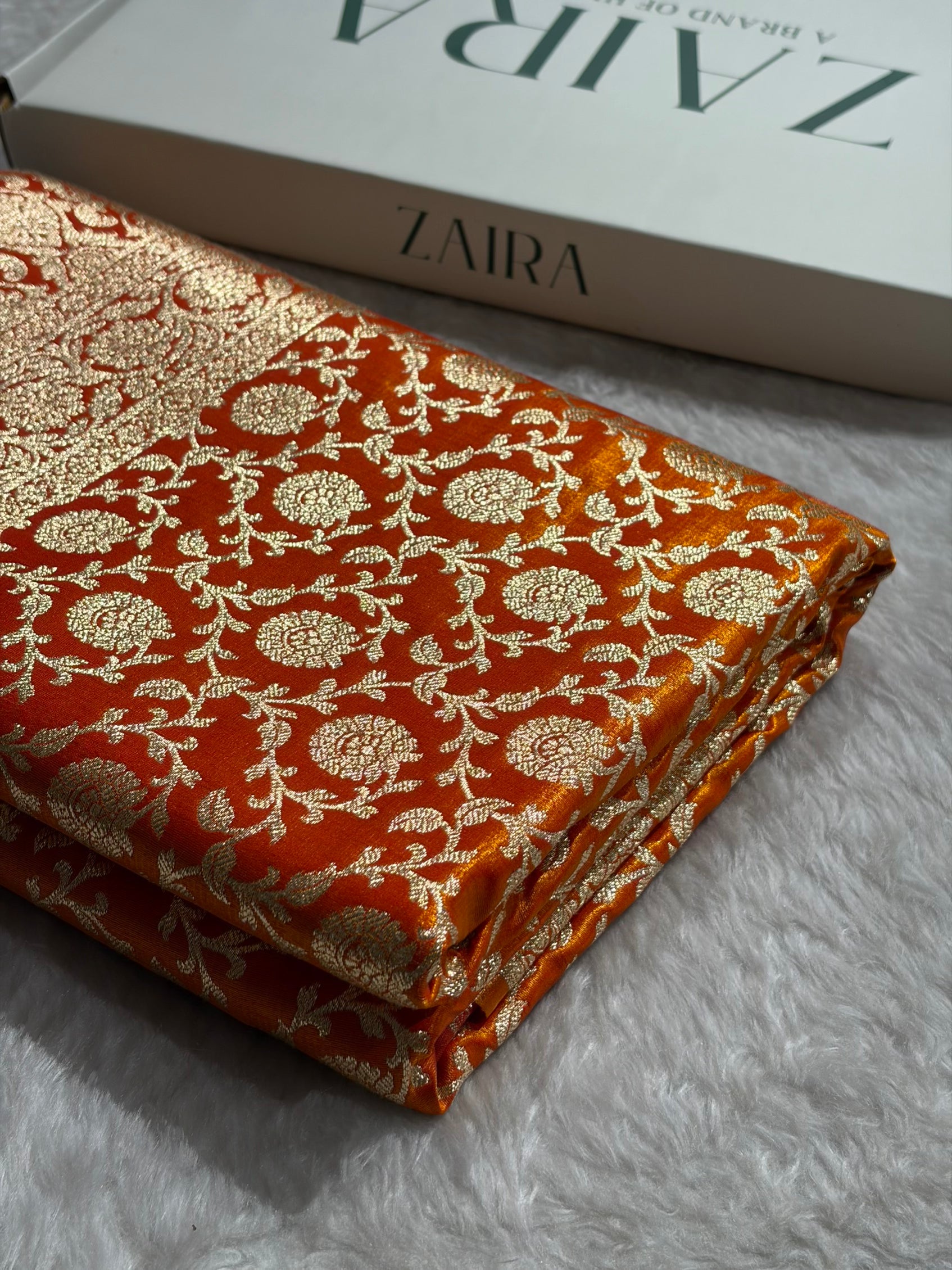 Banarasi Satin Silk Jaal in Fire Gold Shades SS21