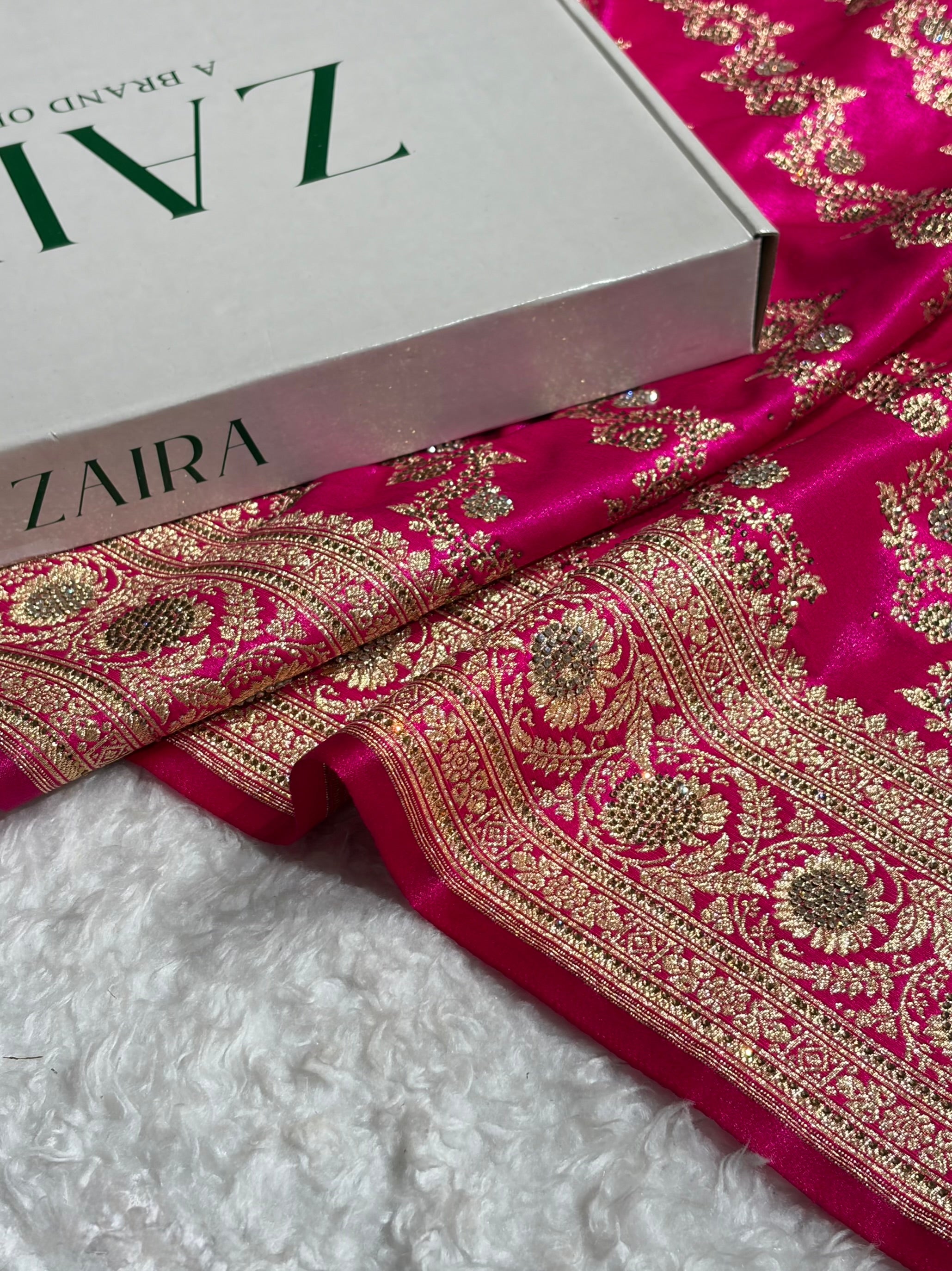 Banarasi Bridal Pink Shades With Swarovski Stone and White Stone Work Satin Silk Saree BSS32