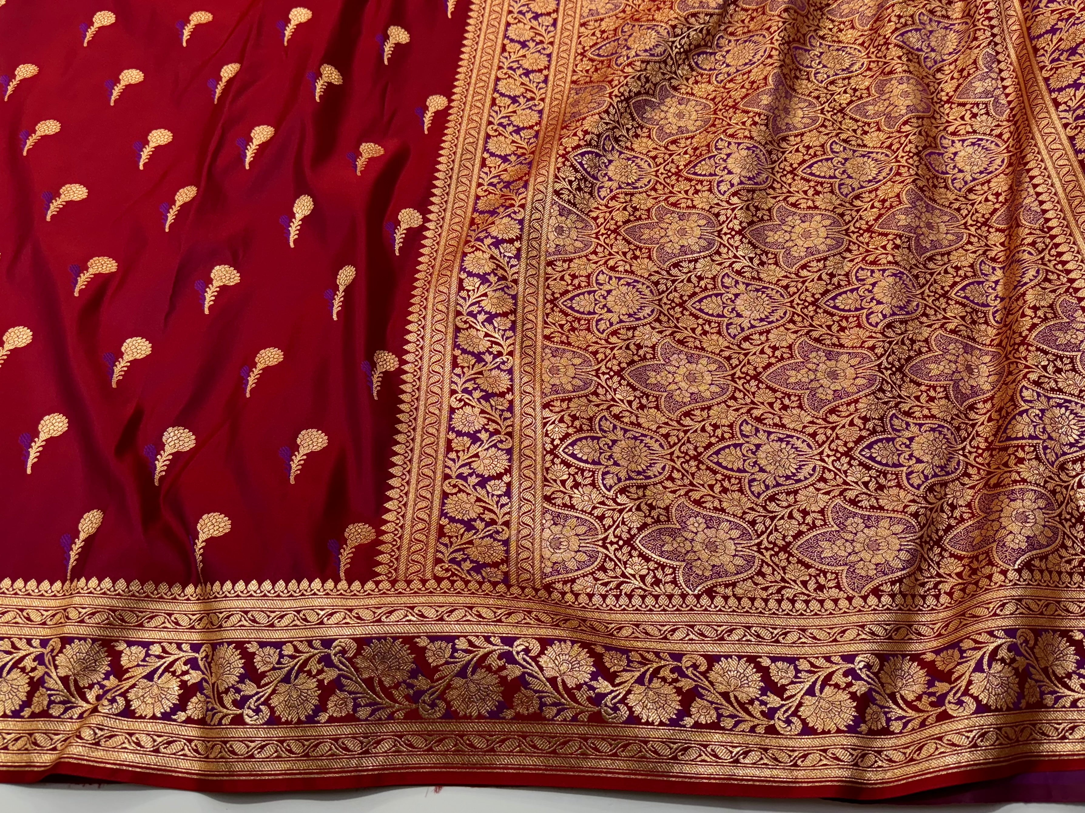 Electric Red Floral Boota Katan Silk Saree SK05