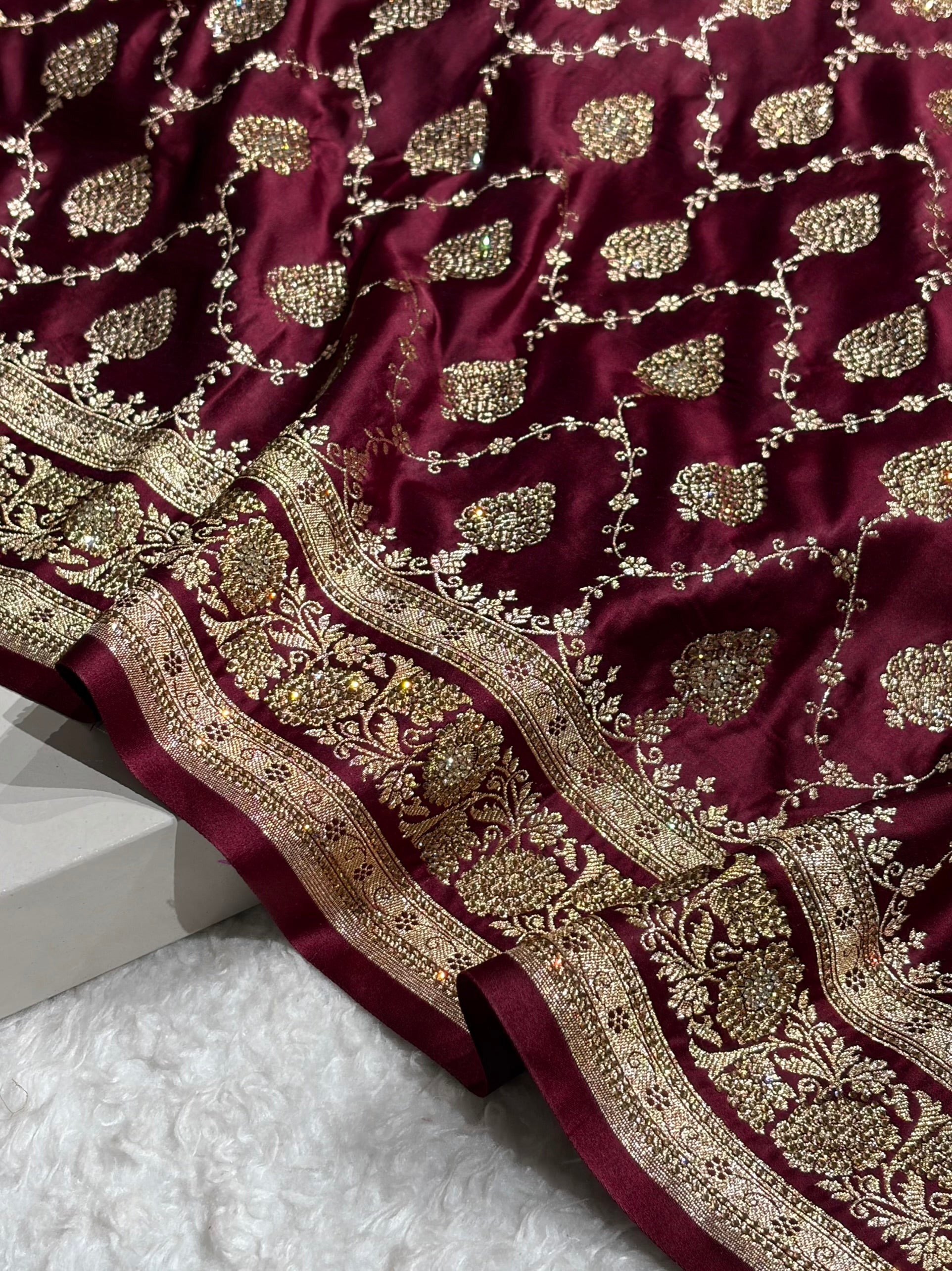 Garnet Floral Jaal Pattern with Sewarovsi Work Satin Katan Silk saree BSK42