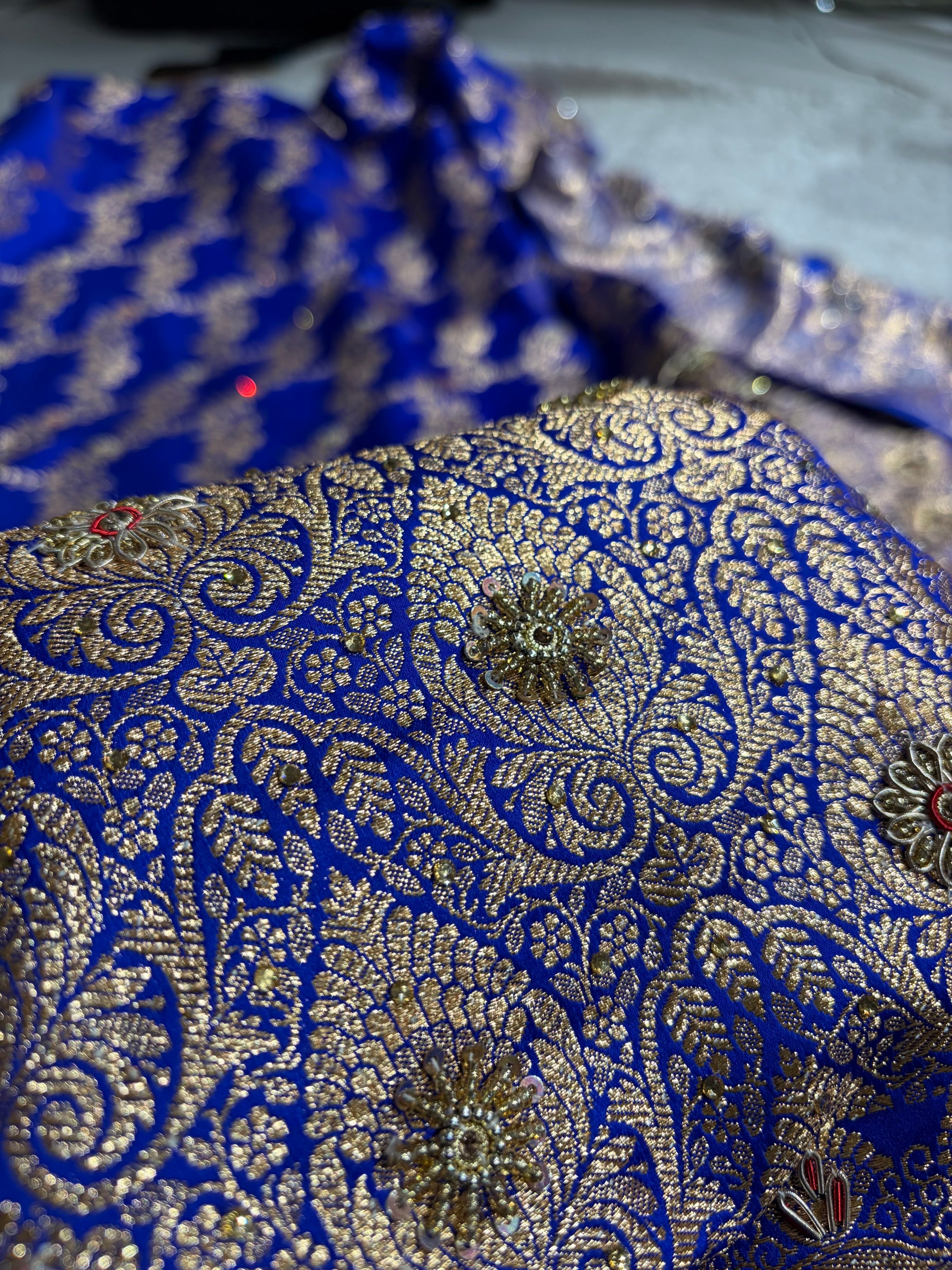 Royal Blue Floral Jaal Pattern Satin Katan Silk Saree BSK43