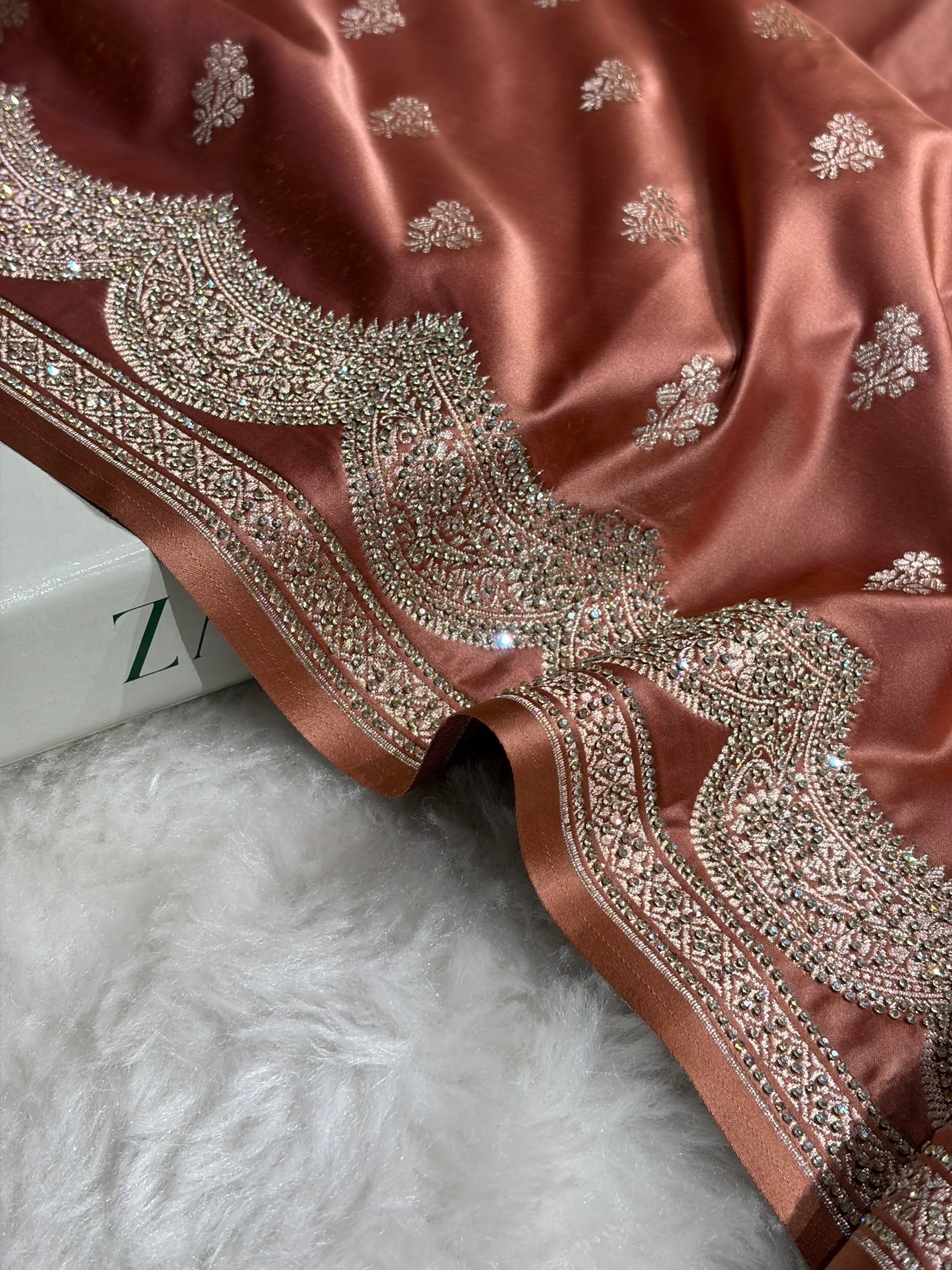 Banarasi Dusty Peach Scallop Mashru Silk with White Stone Swarovski work BMS02