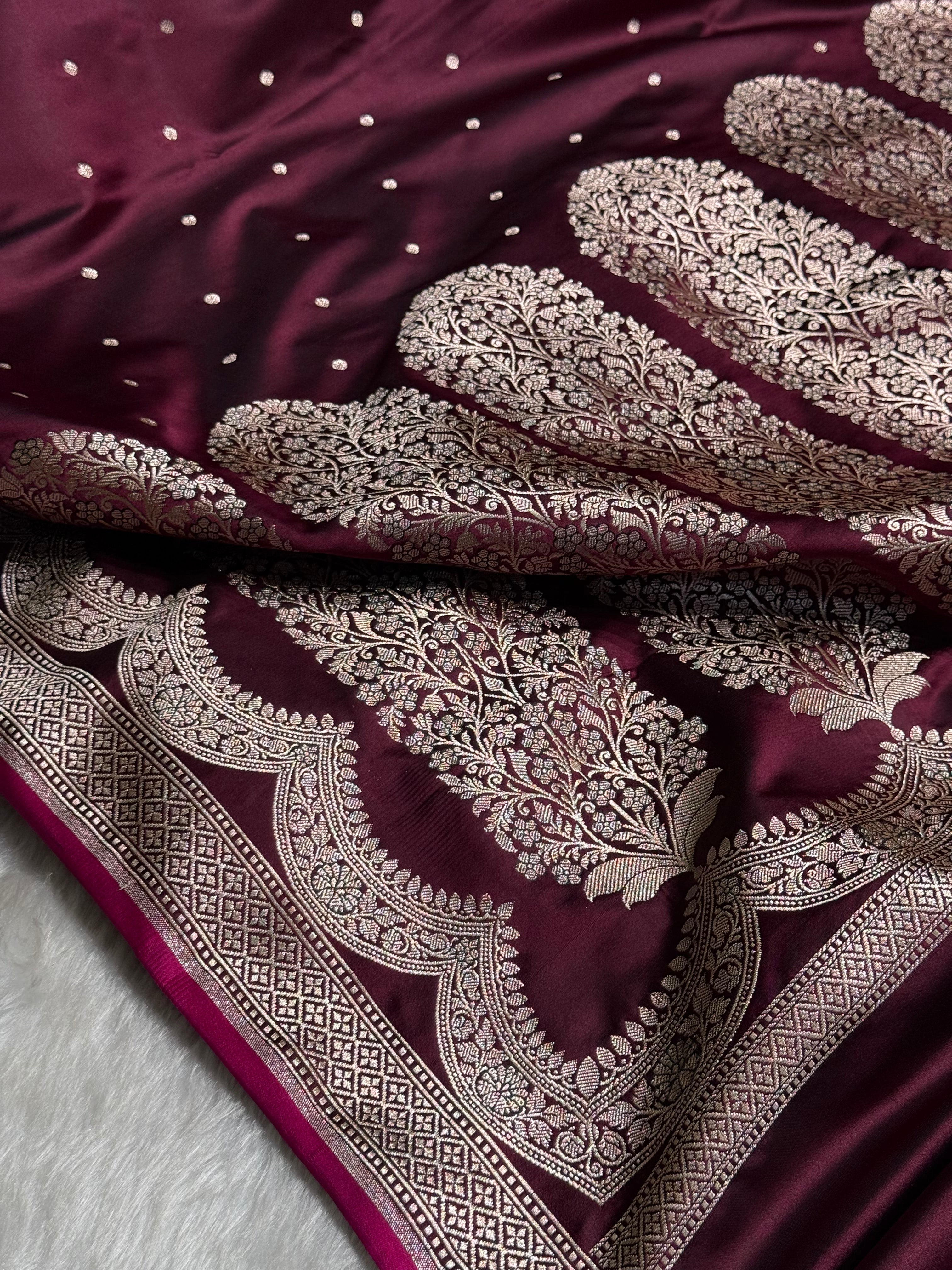 Garnet Shades Scallop Motif Booti Mashru Silk Saree MSM-56