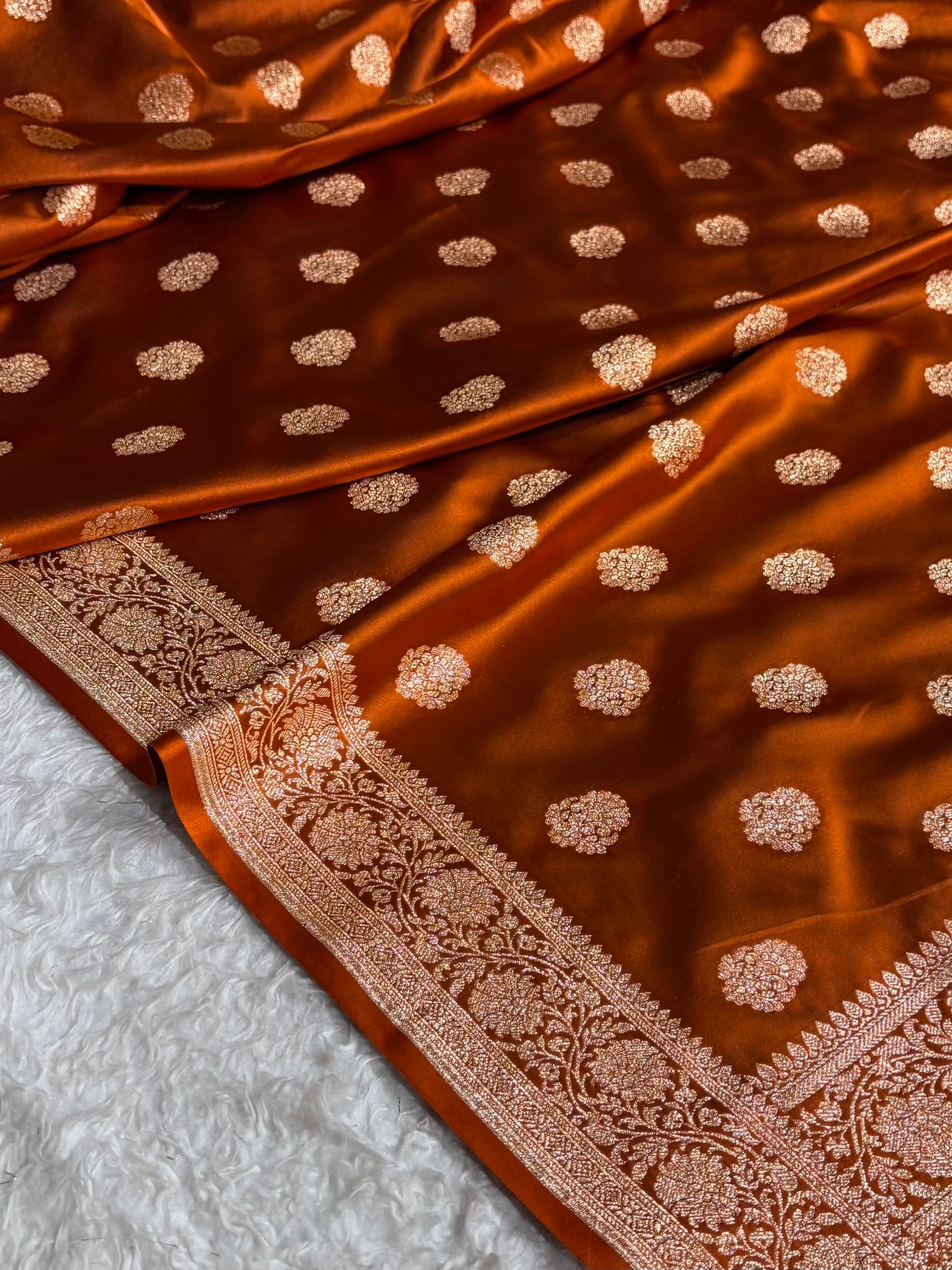 Banarasi Satin Katan Saree With Boota in Rust Shades SK109