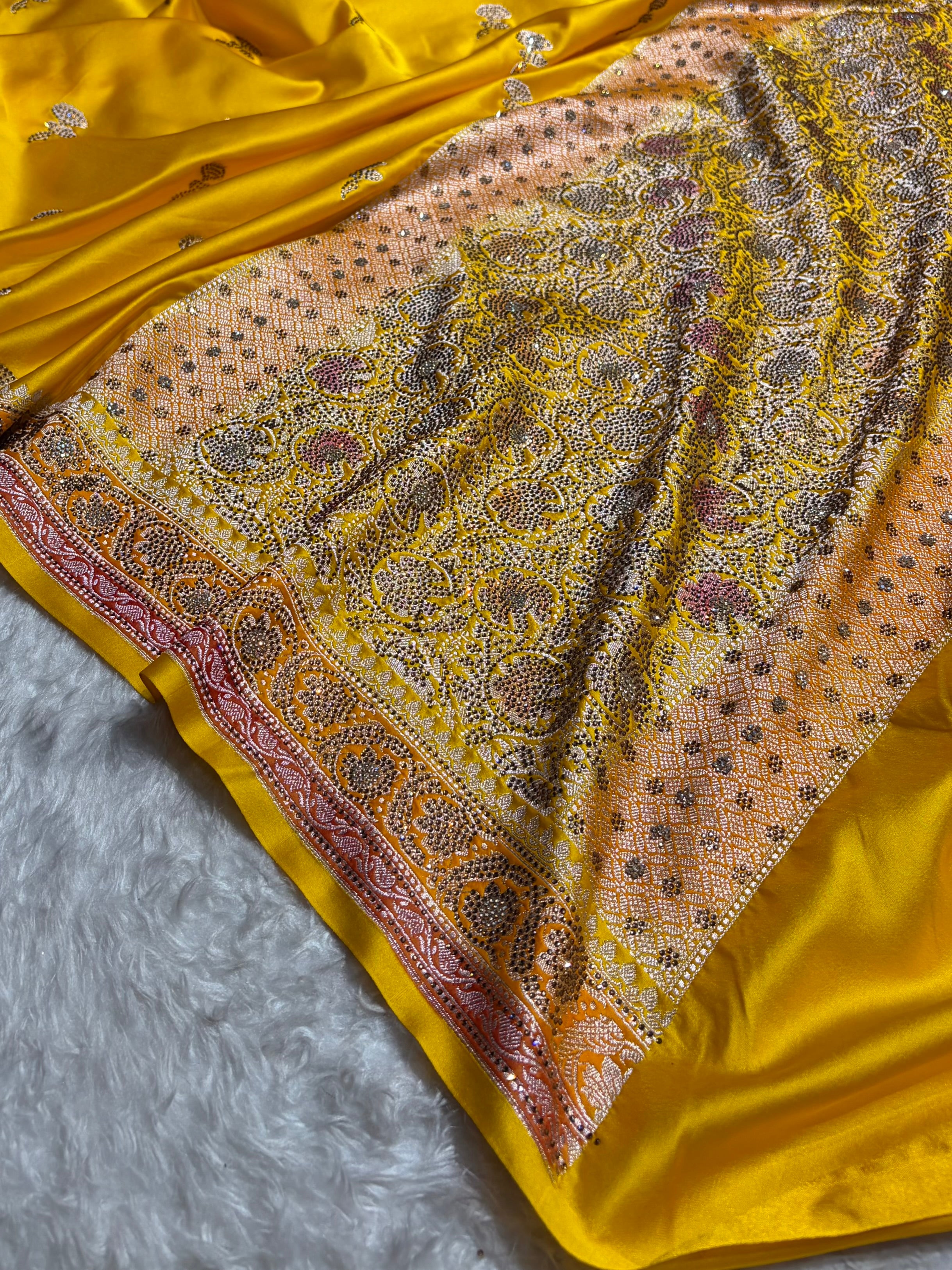 Yellow Shades With Banarasi Swarovski Stone Work Boota Mashru Silk Saree BMS51
