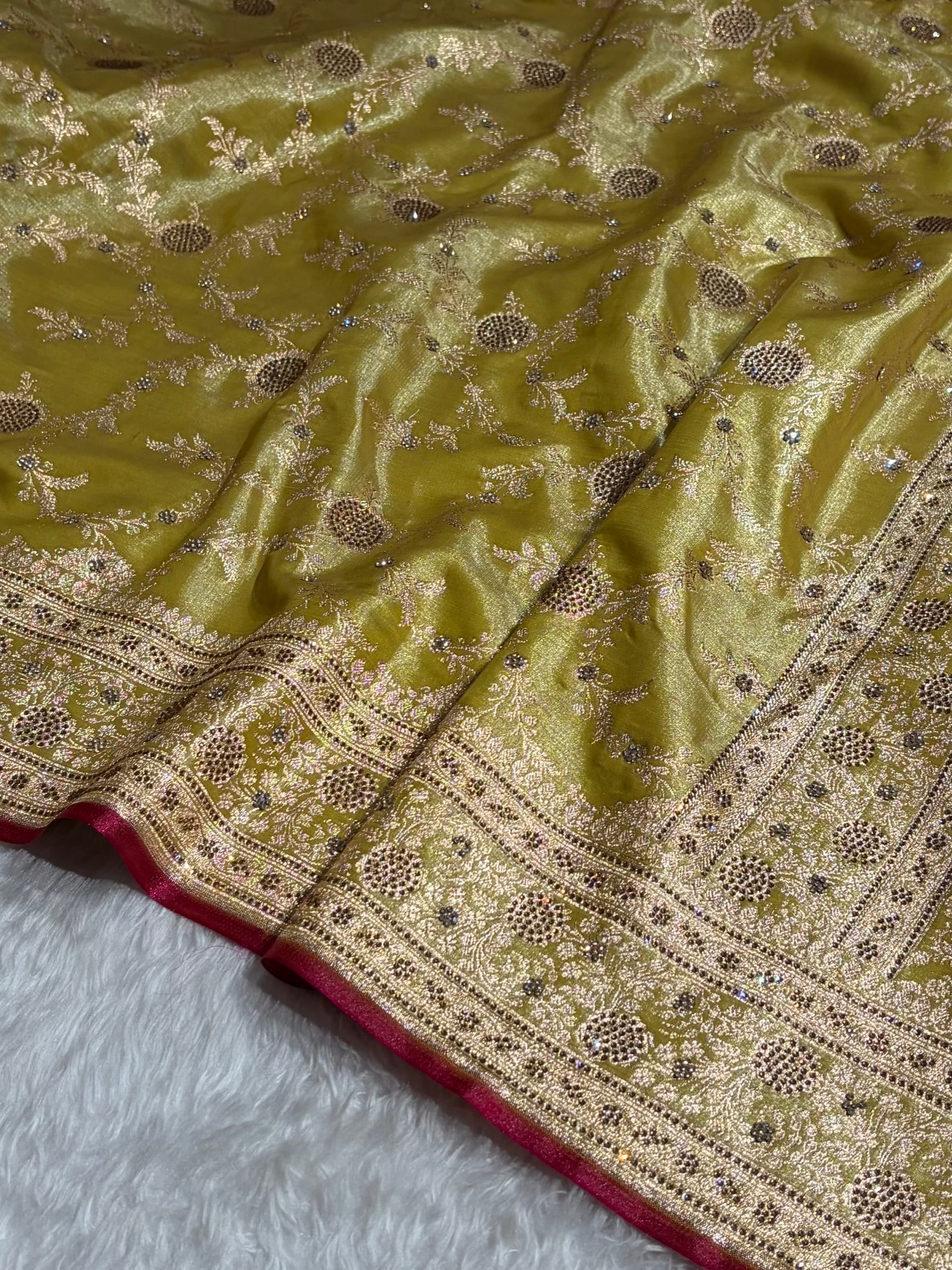 Light Weight Lemon Pista Satin Silk Saree with Swarovski work BSS14