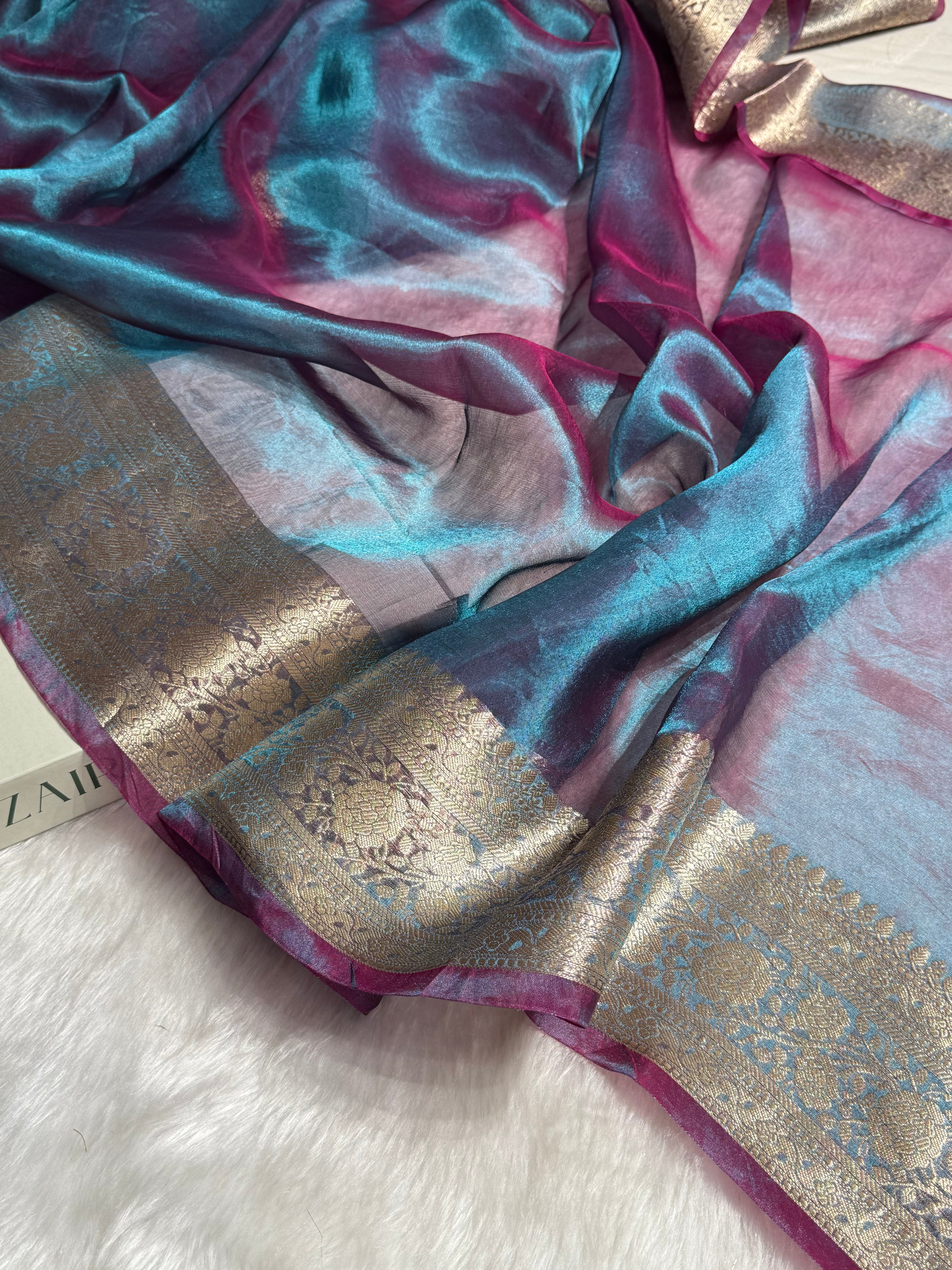Purple Magenta Blue Shades Pure Tissue Silk Saree with Brocade Blouse PT-08