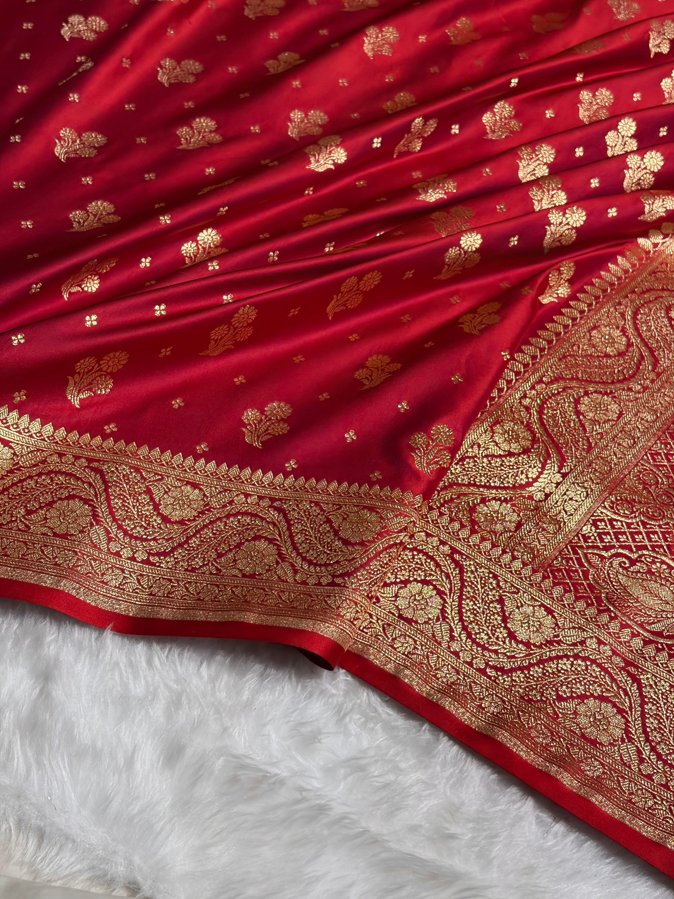 Magentic Red Floral Unique Boota Pattern Satin Katan Silk Saree SK73